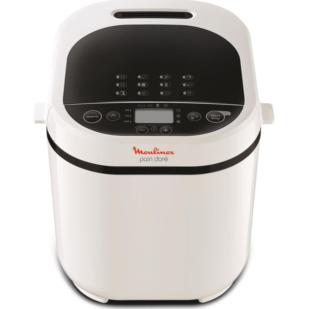 Biały wypiekacz do chleba z czarnym panelem sterowania i cyfrowym wyświetlaczem.