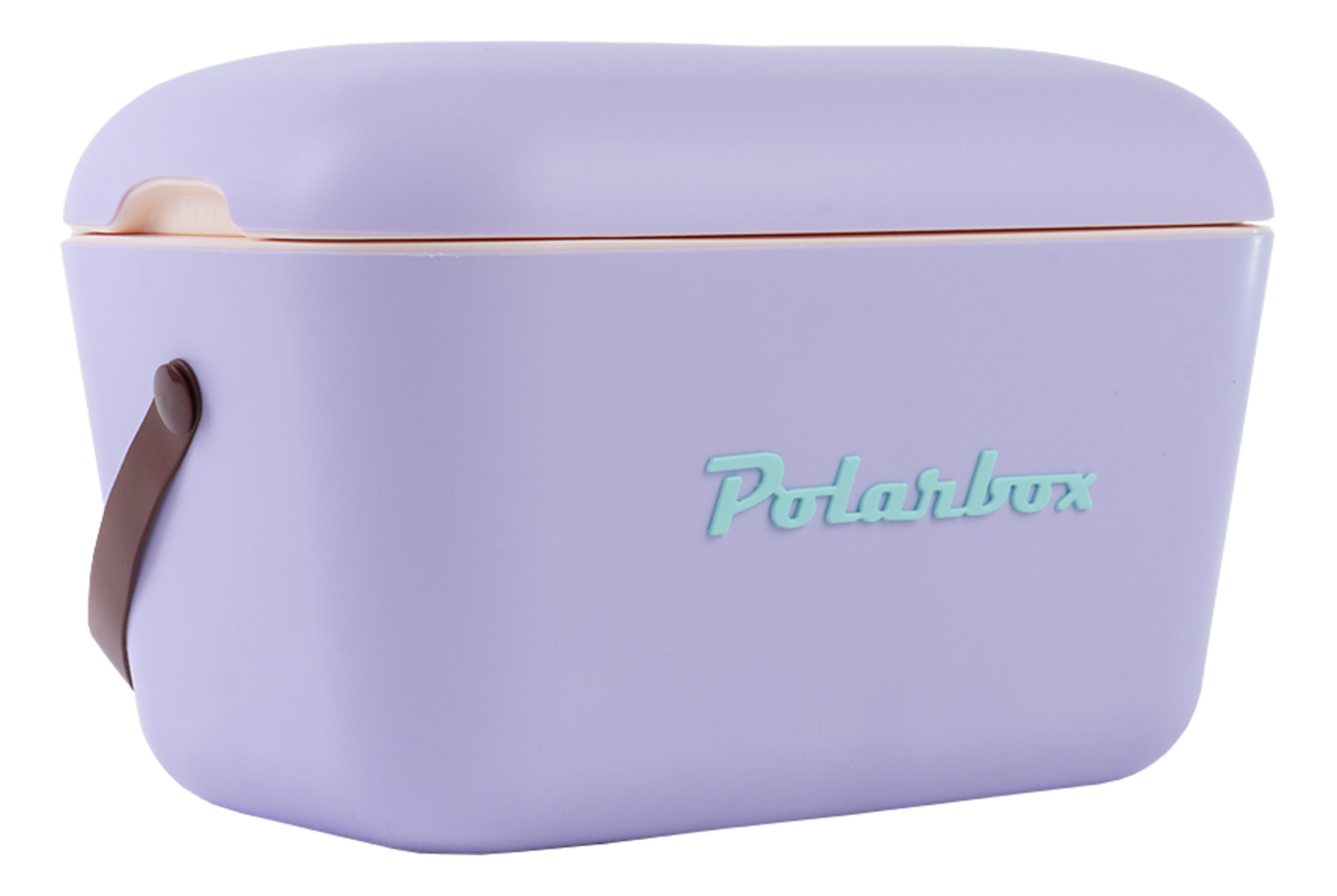 Una borsa frigo lavanda con manico marrone e 