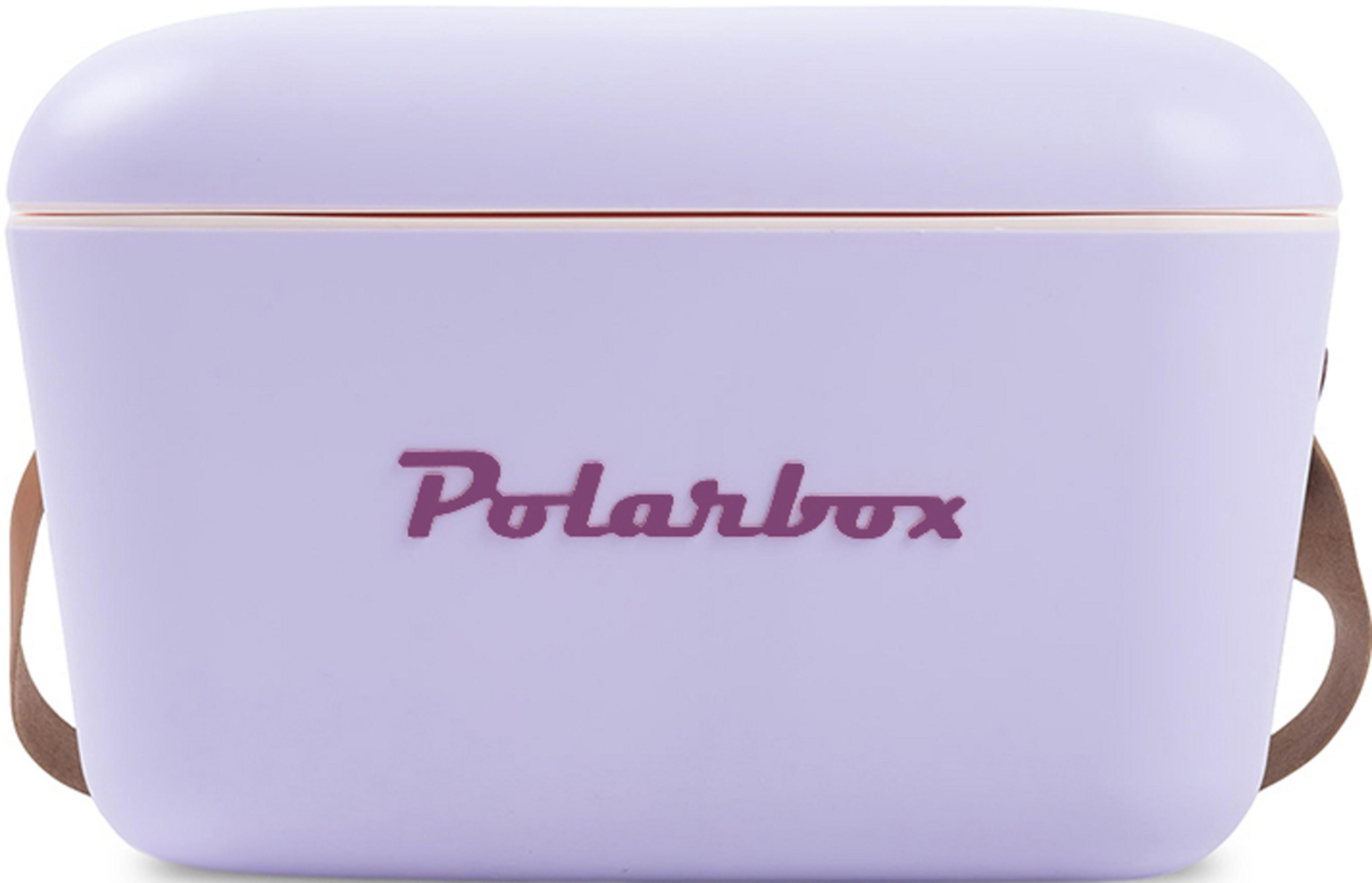 Un frigo lavanda con manici marroni e la scritta "Polarbox".