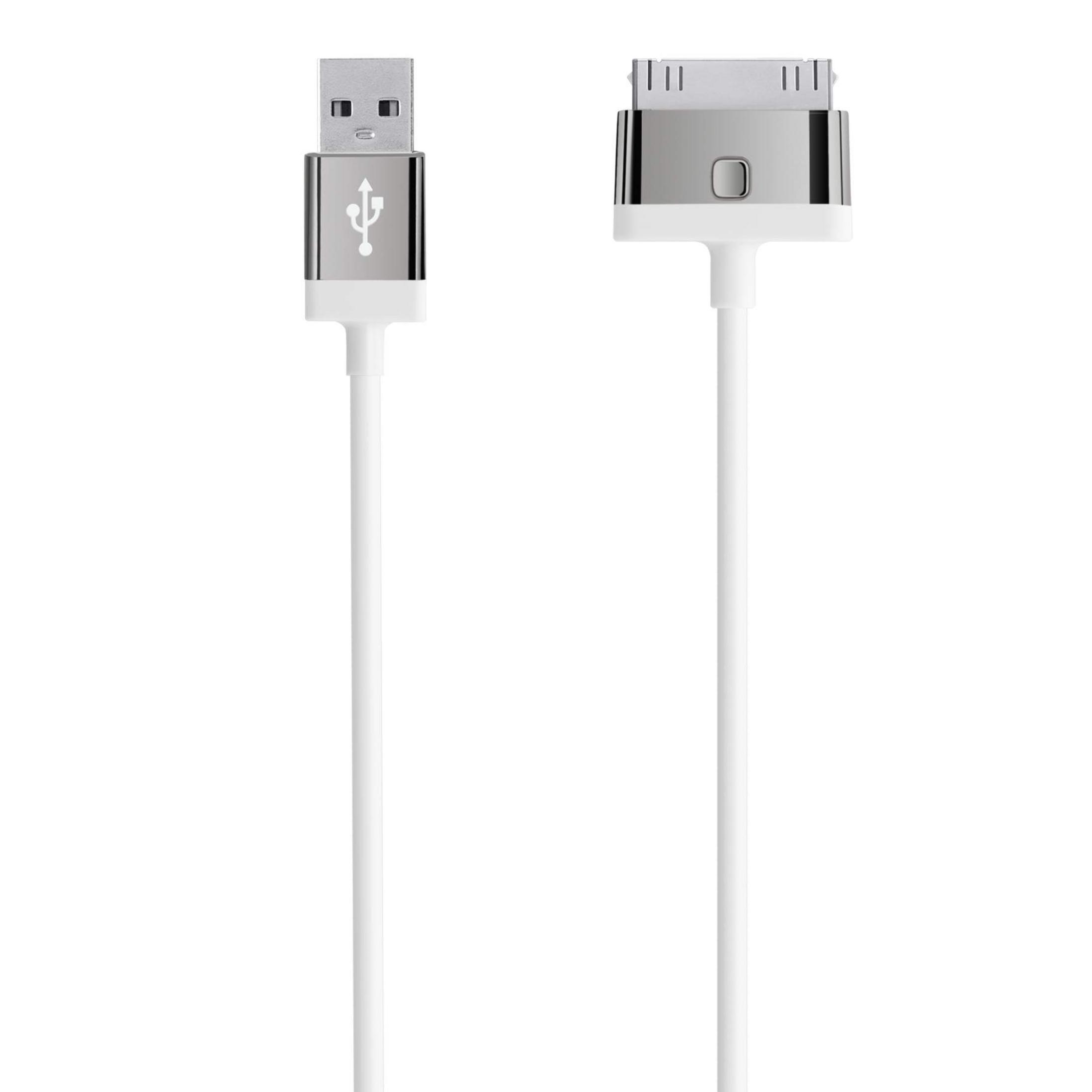 Un cavo USB bianco con connettori argentati, uno USB-A e uno a 30 pin.
