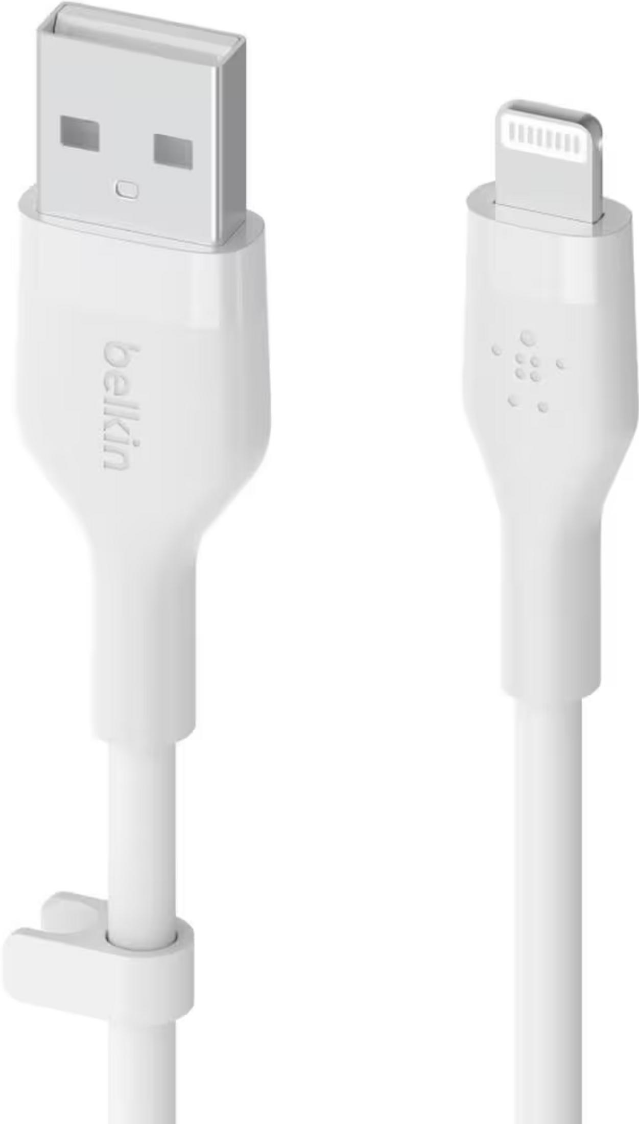 Câble Belkin blanc USB-A vers Lightning avec connecteurs visibles.