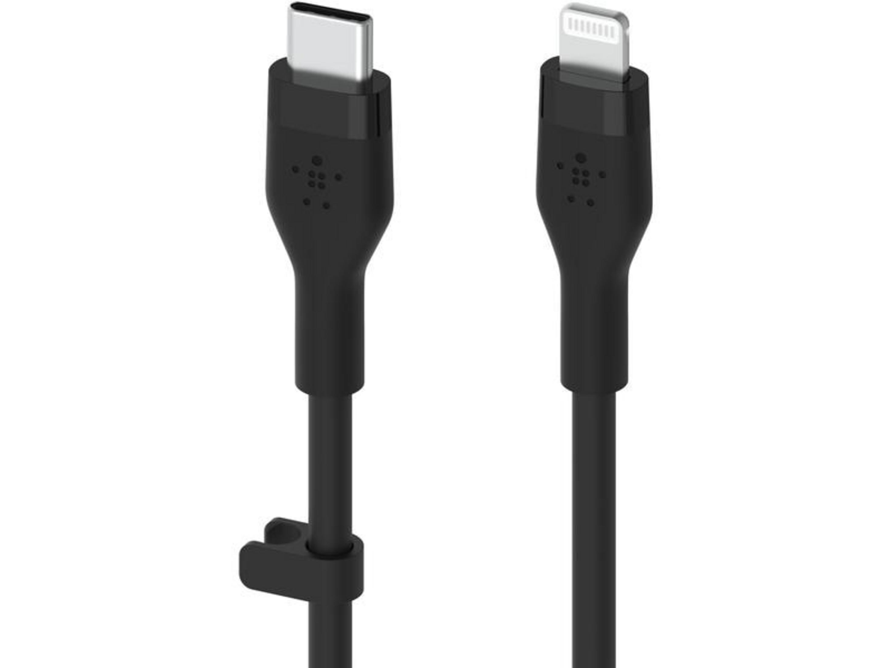 Czarny kabel USB-C i kabel Lightning z białymi złączami.
