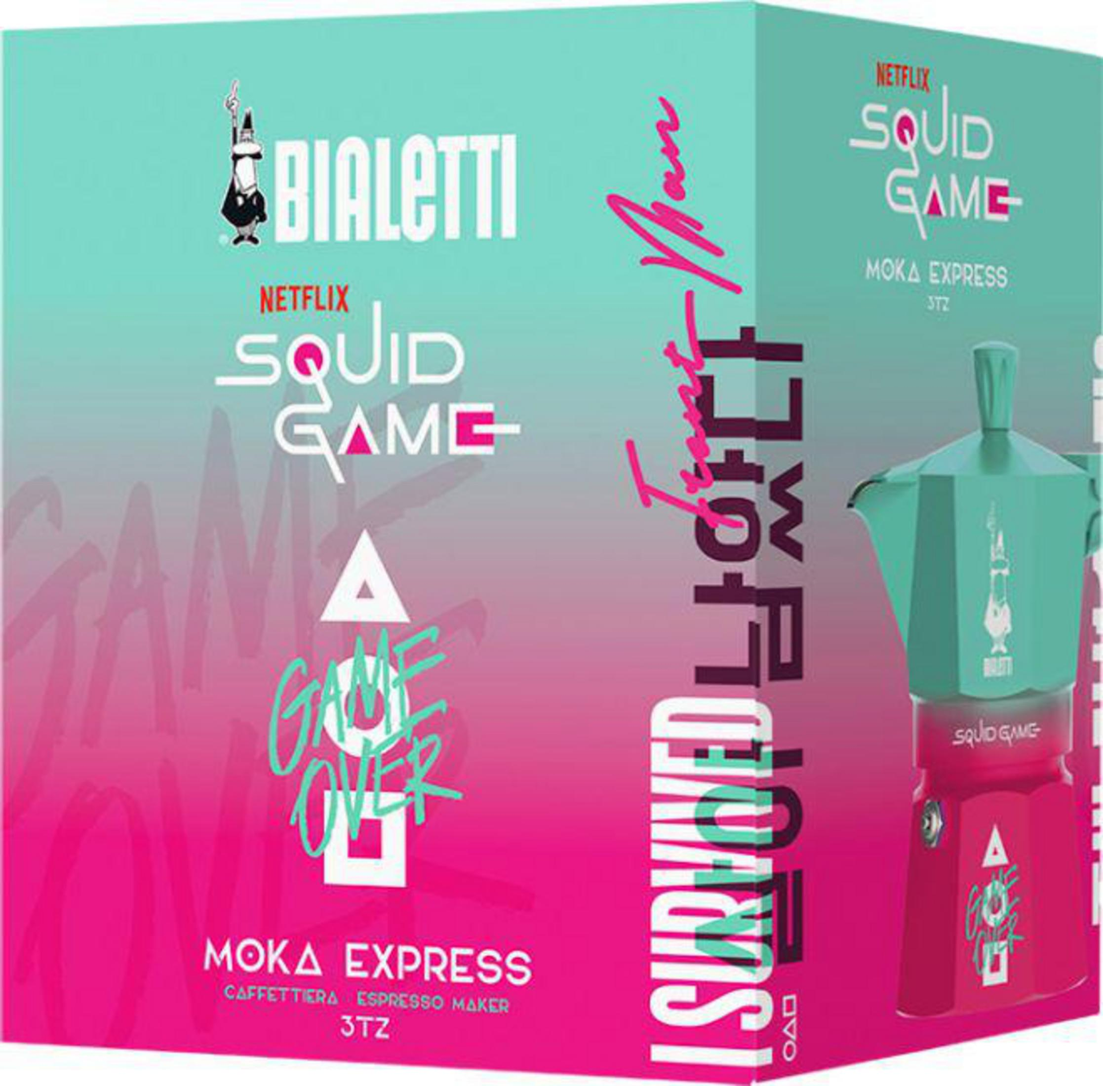 Ekspres do kawy Bialetti Moka Express, edycja Squid Game, miętowy i różowy.