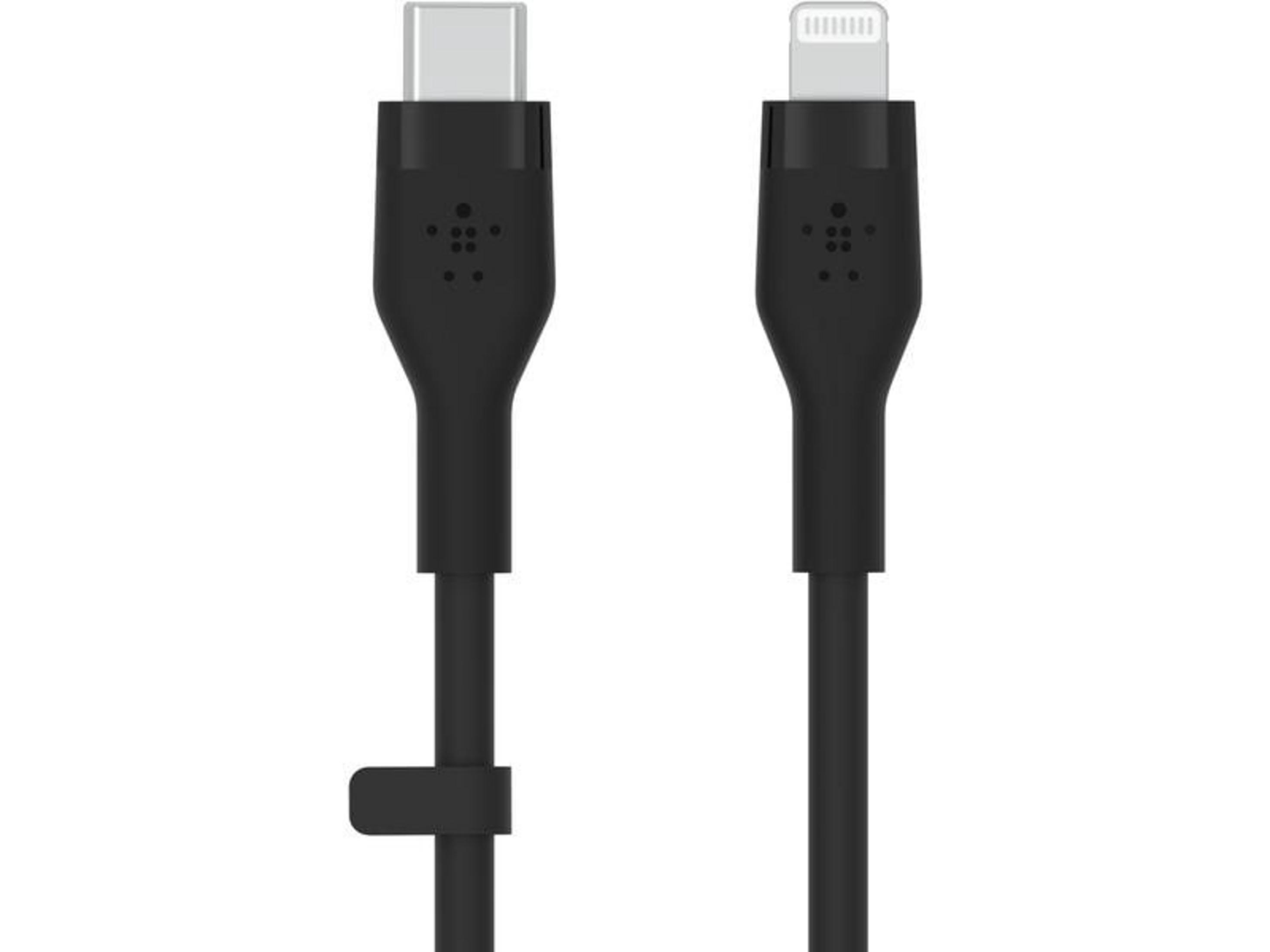 Dwa czarne kable do ładowania, USB-C i Lightning, obok siebie.