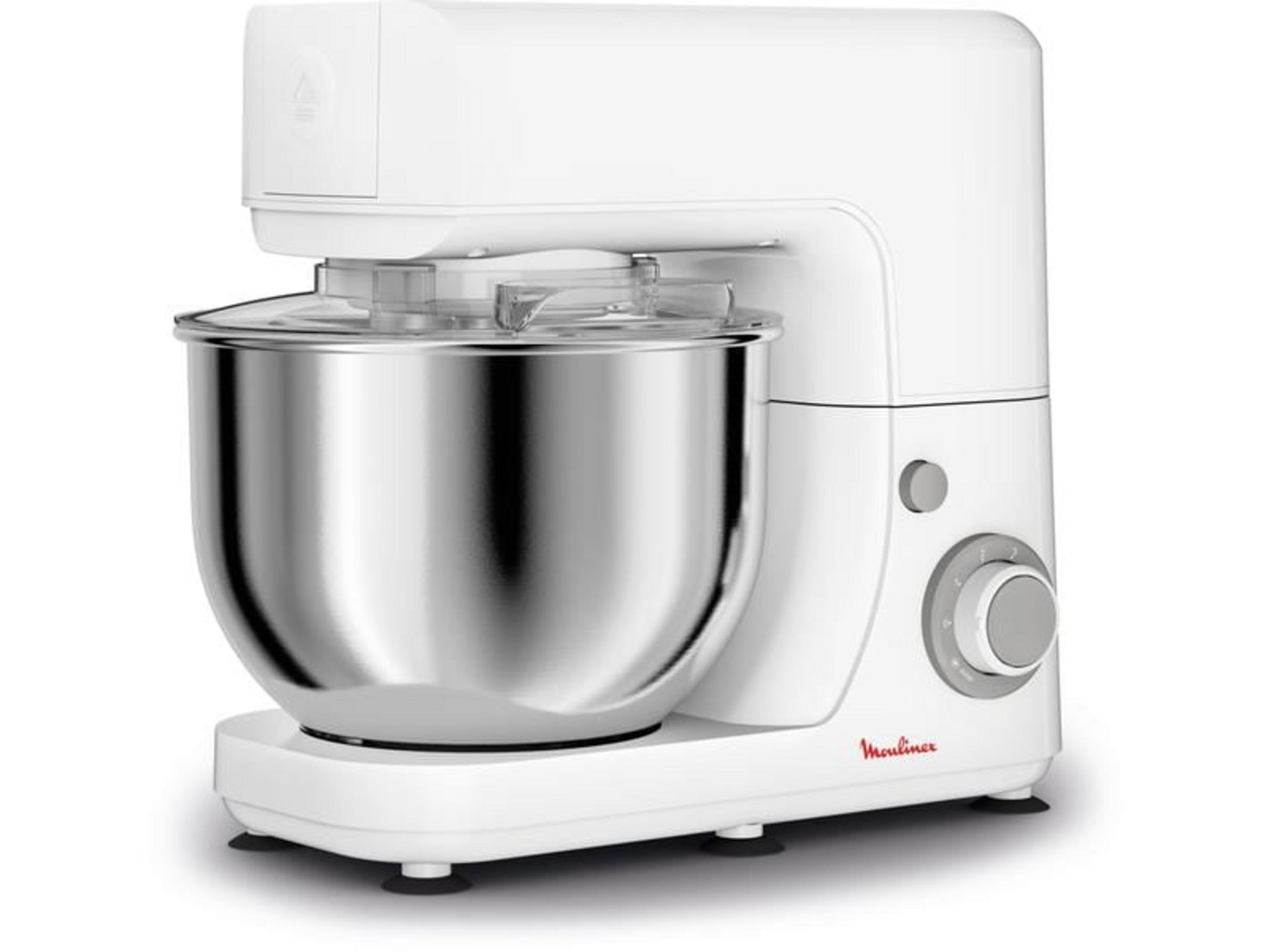 Un robot da cucina bianco con ciotola in acciaio inox e selettore velocità.
