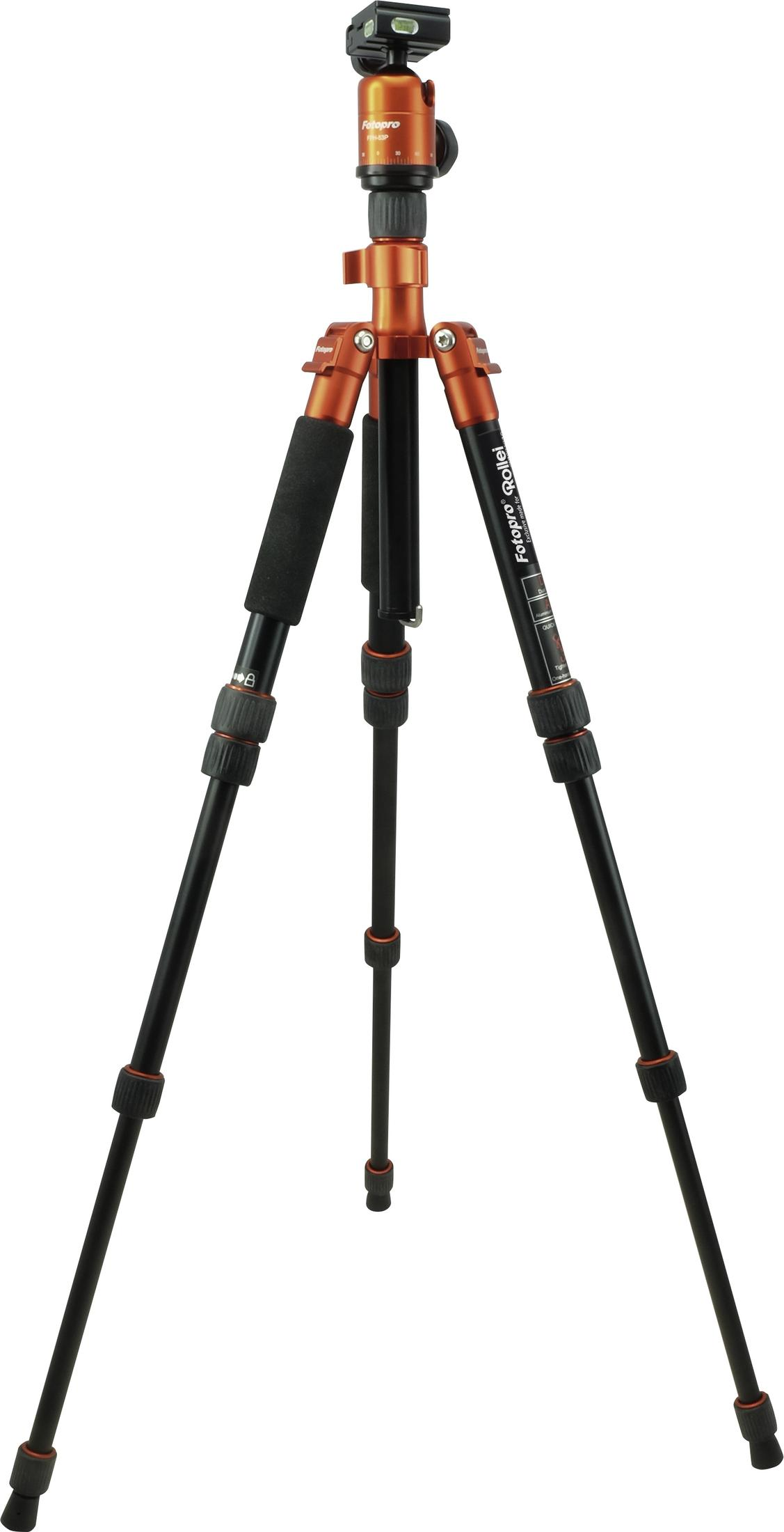 Pomarańczowe ramię Fotopro z czarnymi nogami i pomarańczowymi akcentami.