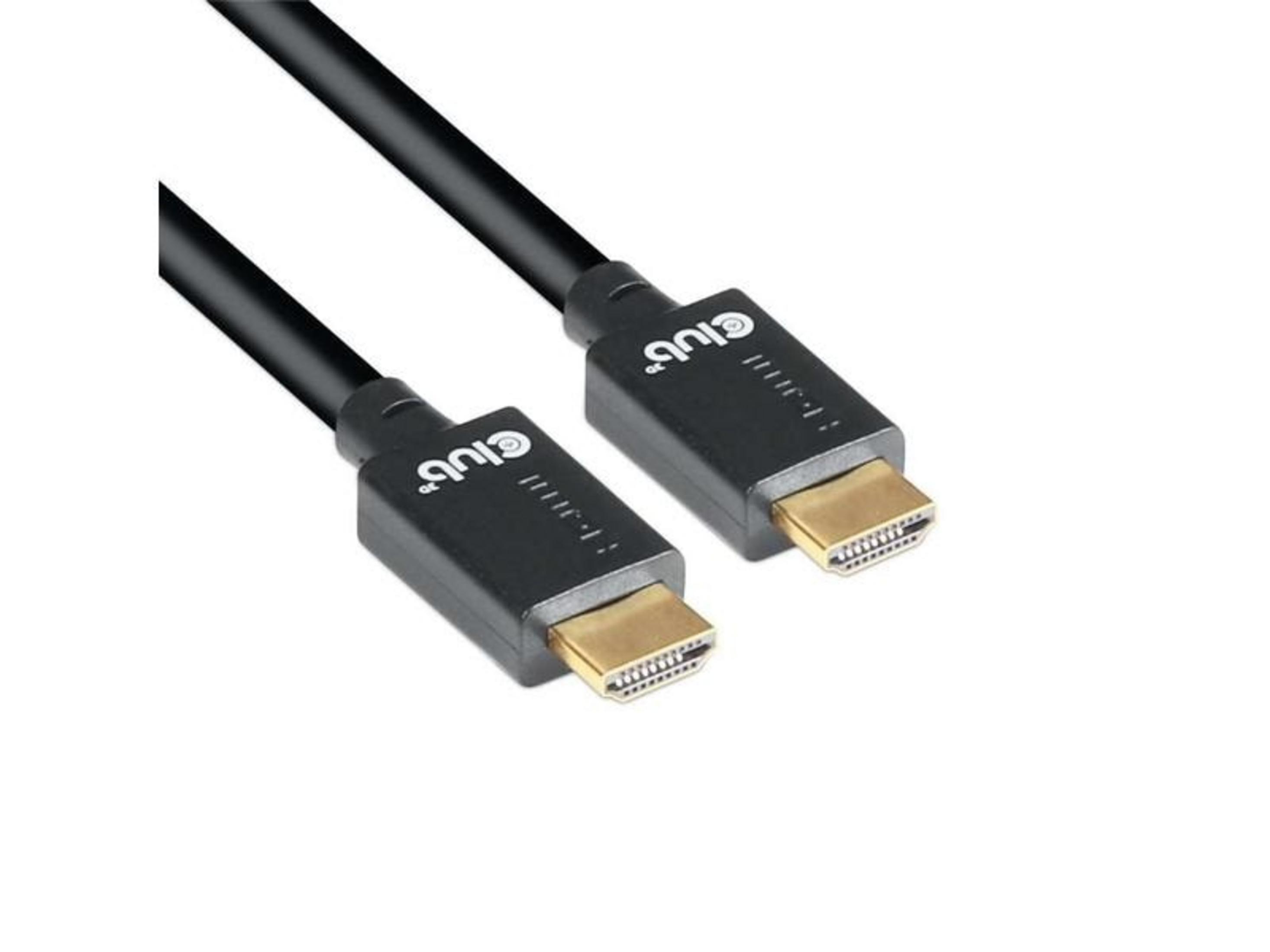 Ein schwarzes HDMI-Kabel mit goldenen Anschlüssen und dem Logo.