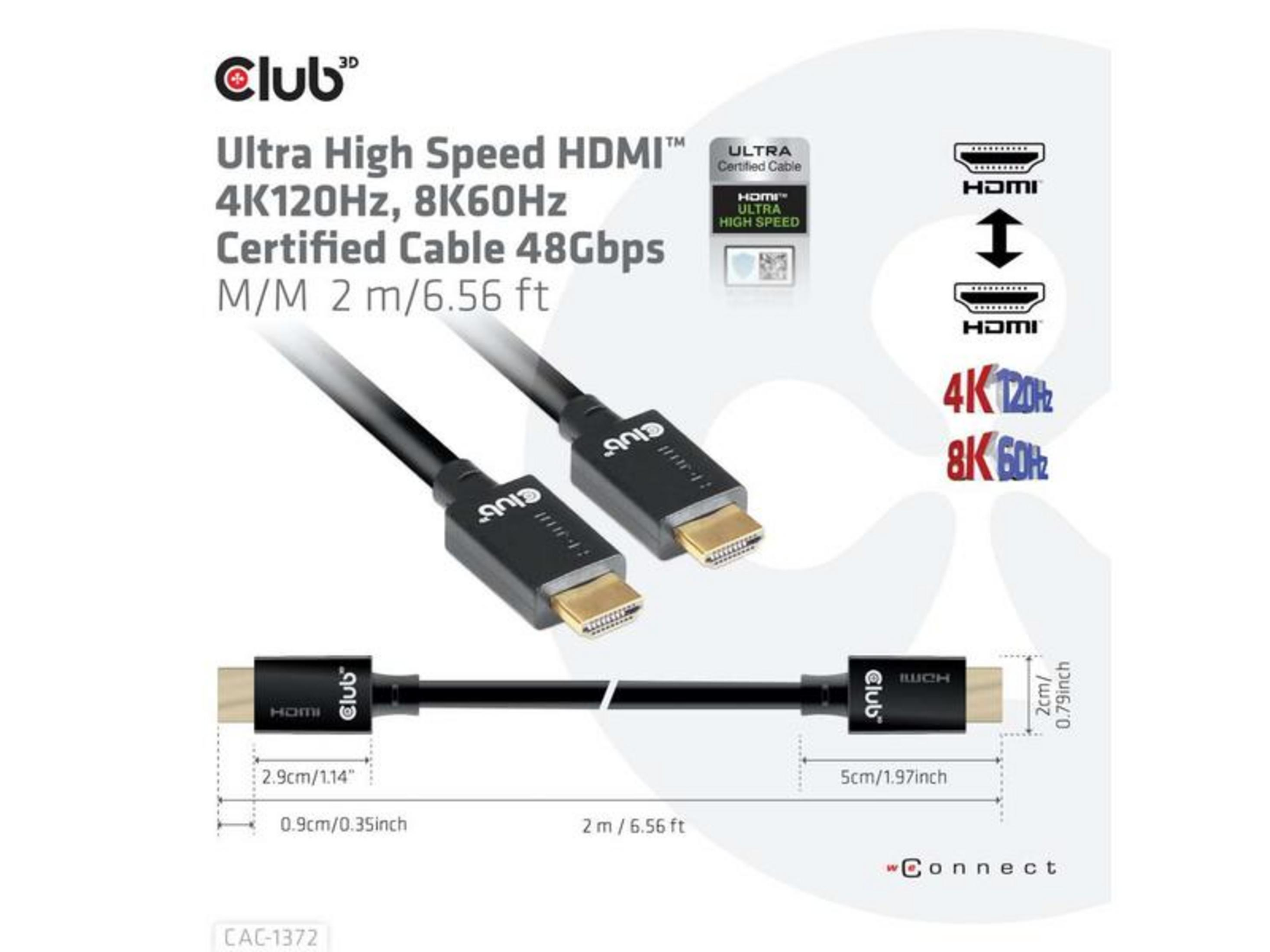 Club 3D HDMI Kabel: 2m, 4K 120Hz, 8K 60Hz, 48Gbps.