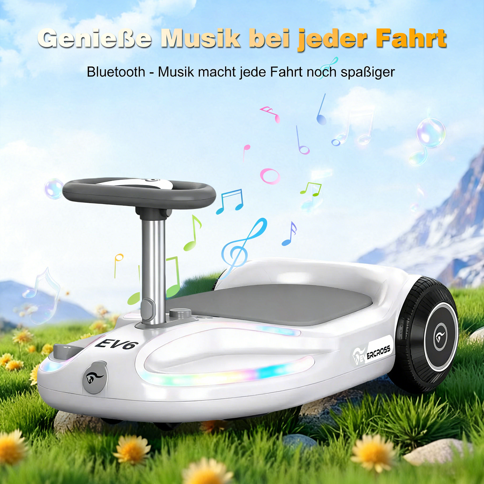 Ein weißes Elektro-Fahrzeug mit Lenkrad und bunten Lichtern, umgeben von Gras und Blumen.