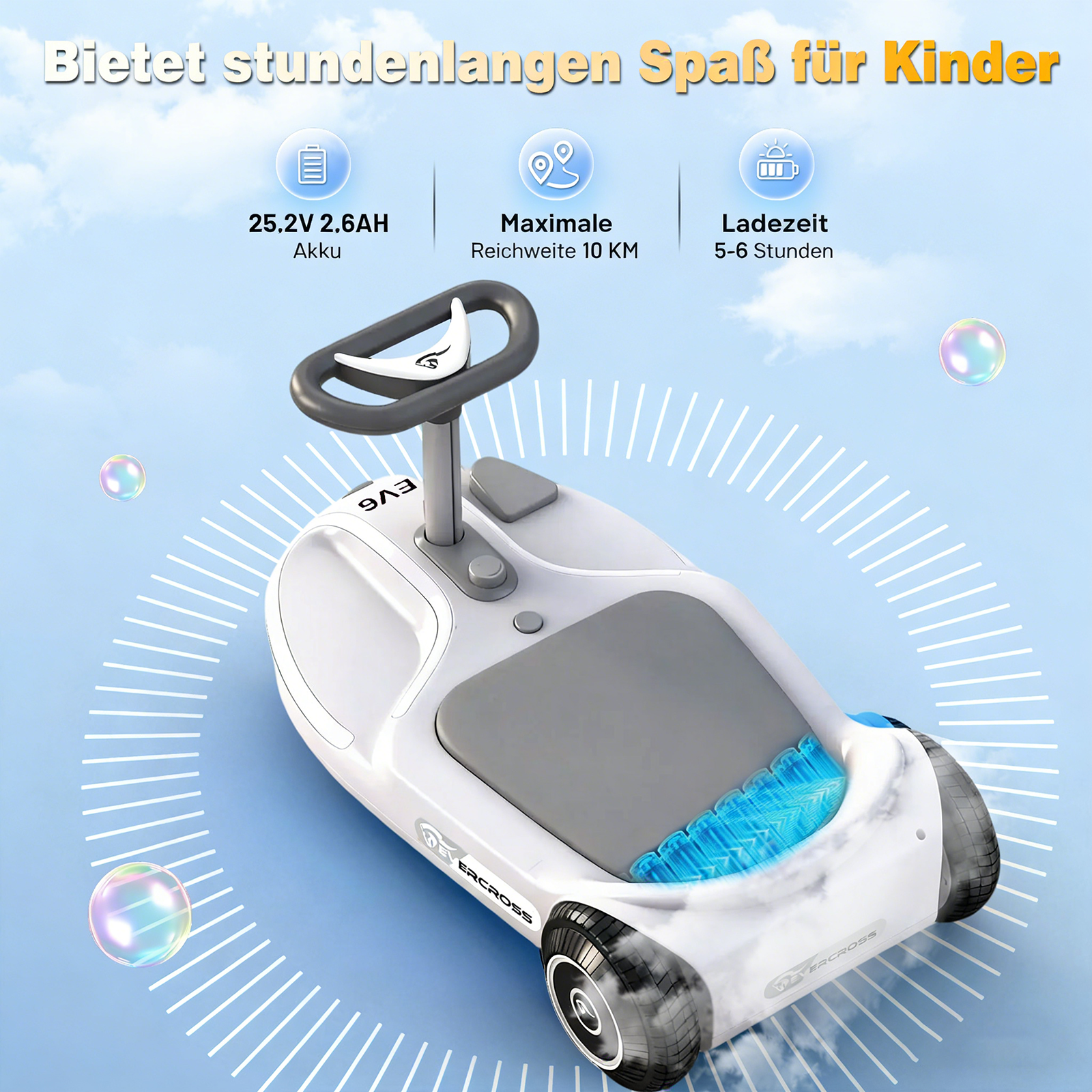 Ein weißes Kinderfahrzeug mit Lenkrad und grauen Akzenten auf blauem Himmel.