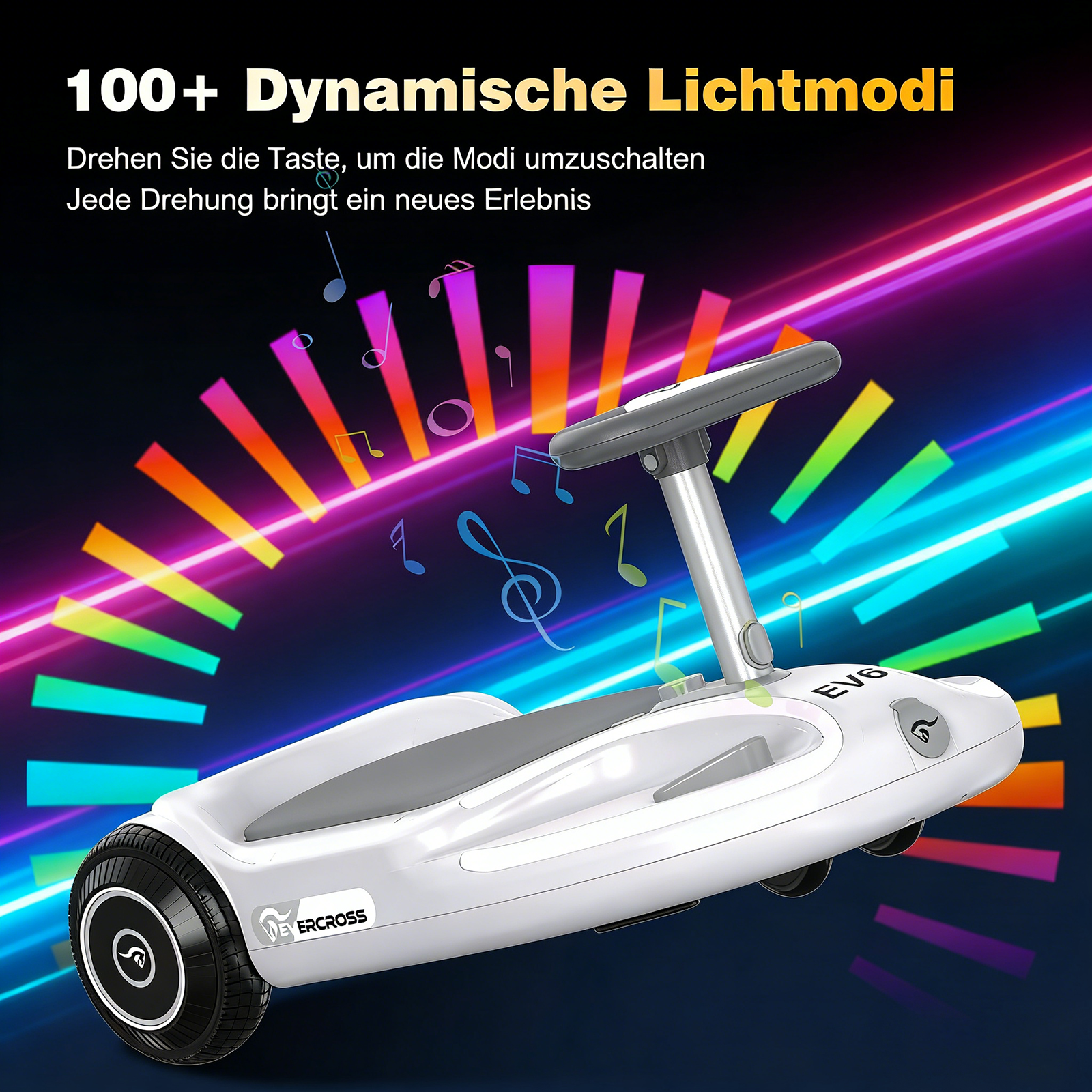 Weißer Roller mit Lenker, Hintergrund mit bunten Lichtern und Noten.
