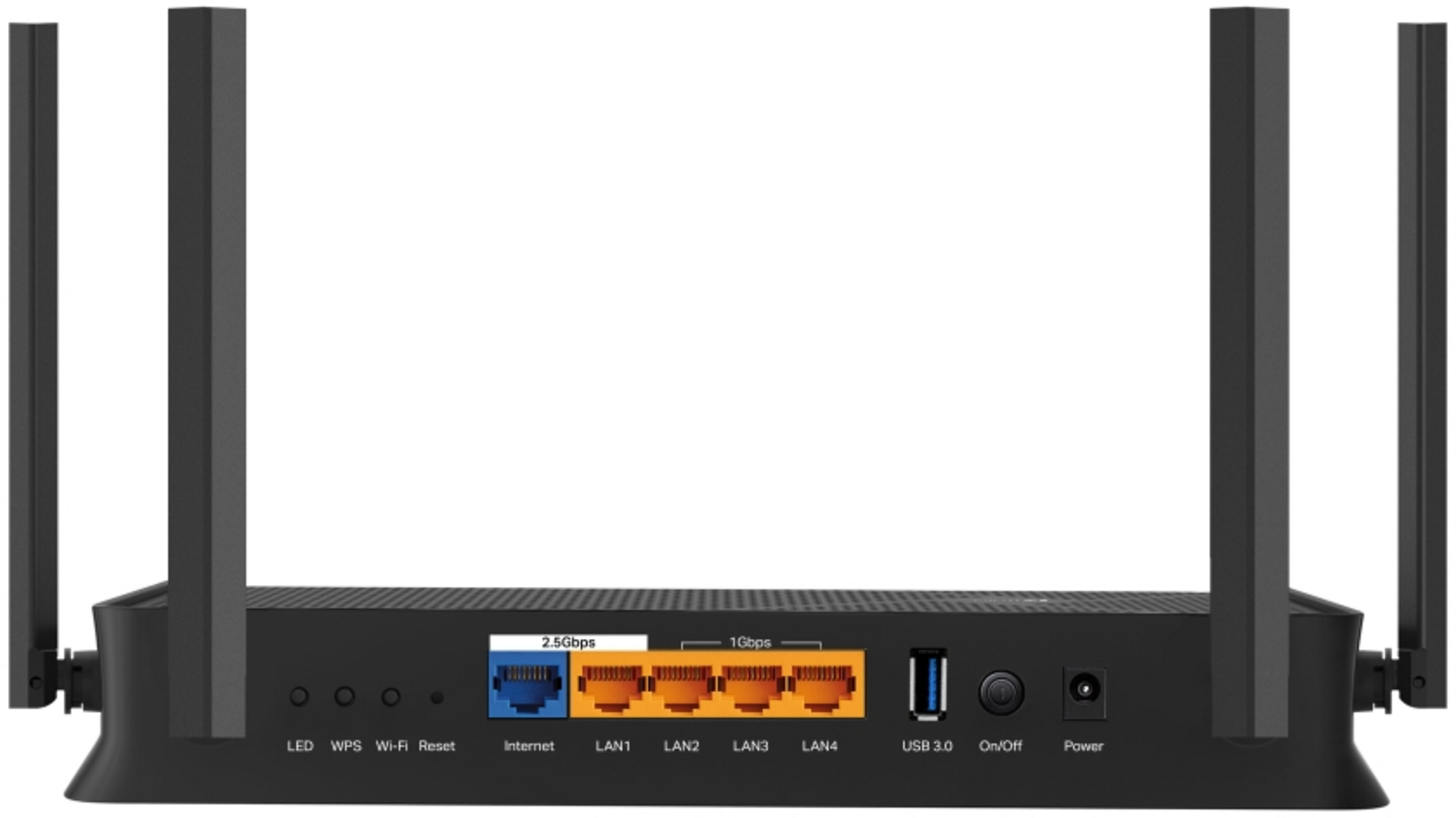 Tył czarnego routera z antenami, portami i diodami LED.