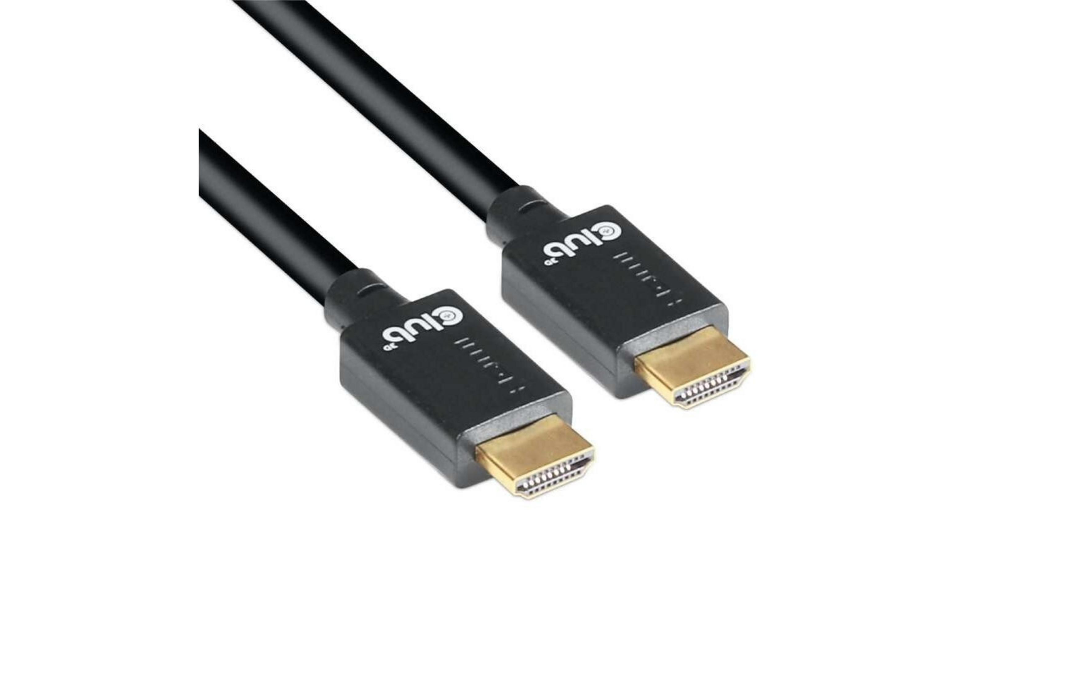 Ein schwarzes HDMI-Kabel mit goldenen Anschlüssen und "Club3D"-Logo.