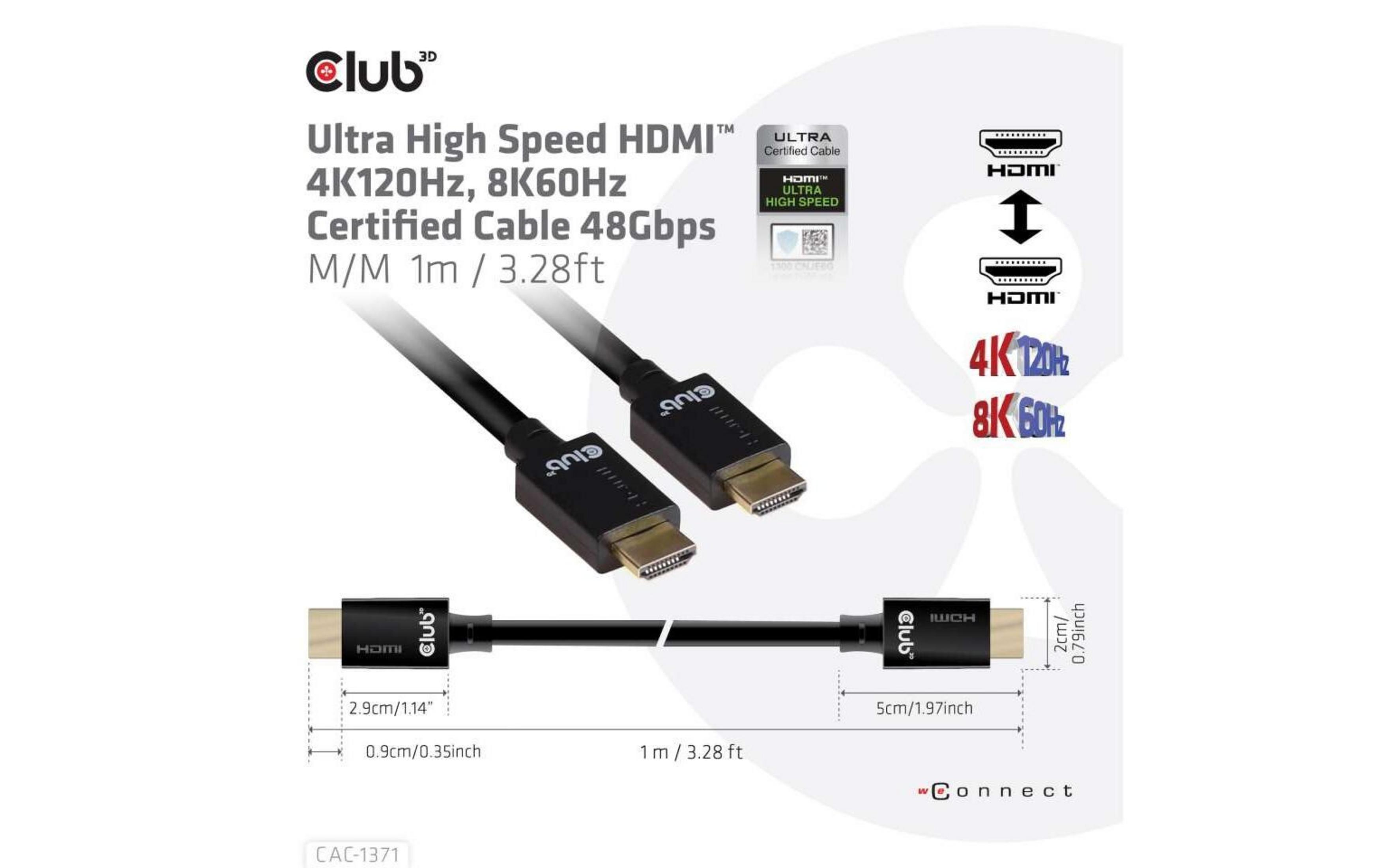 Club 3D Ultra High Speed HDMI Kabel: 1m lang, 4K120Hz, 8K60Hz, 48Gbps.