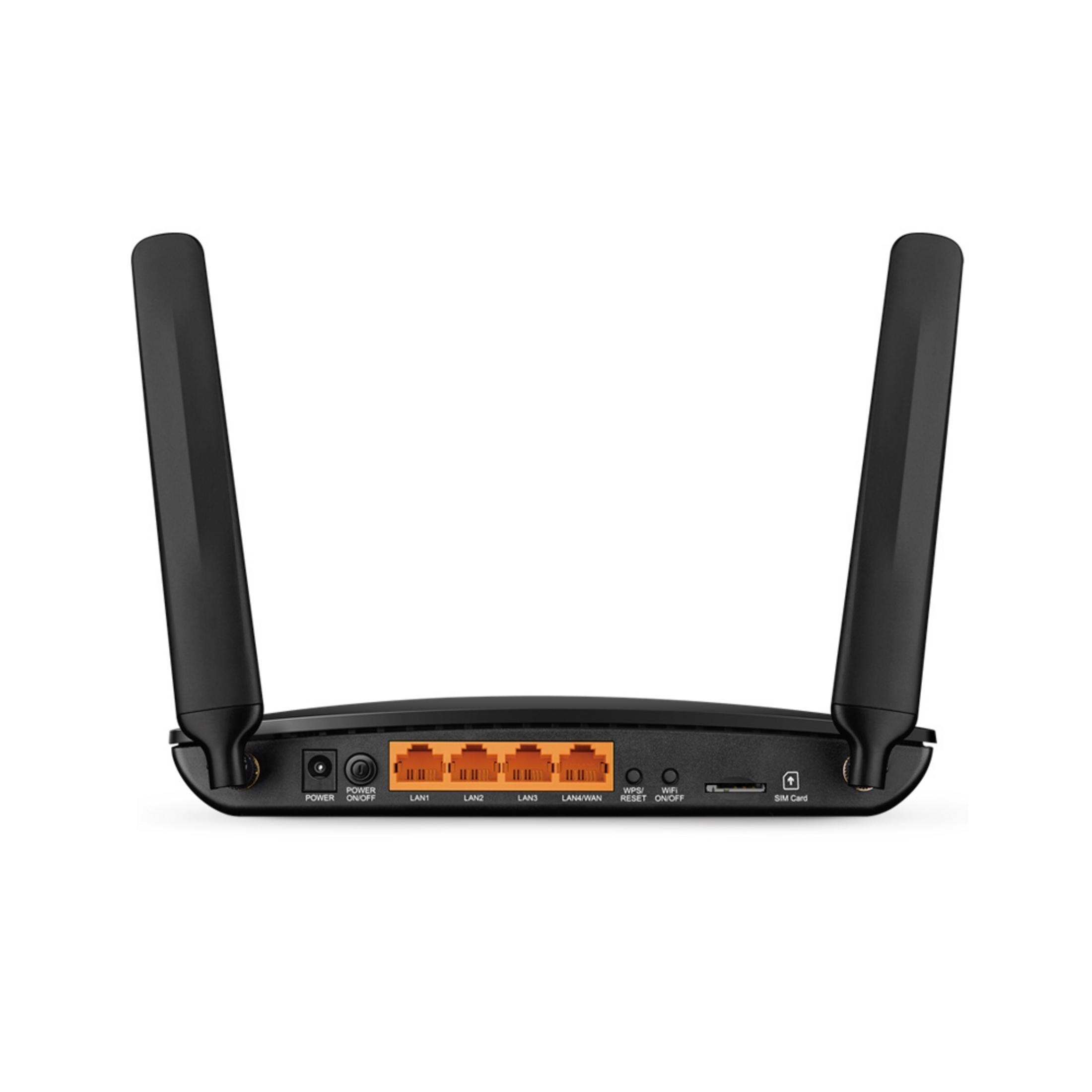 Een zwarte router met twee antennes en poorten aan de achterkant.