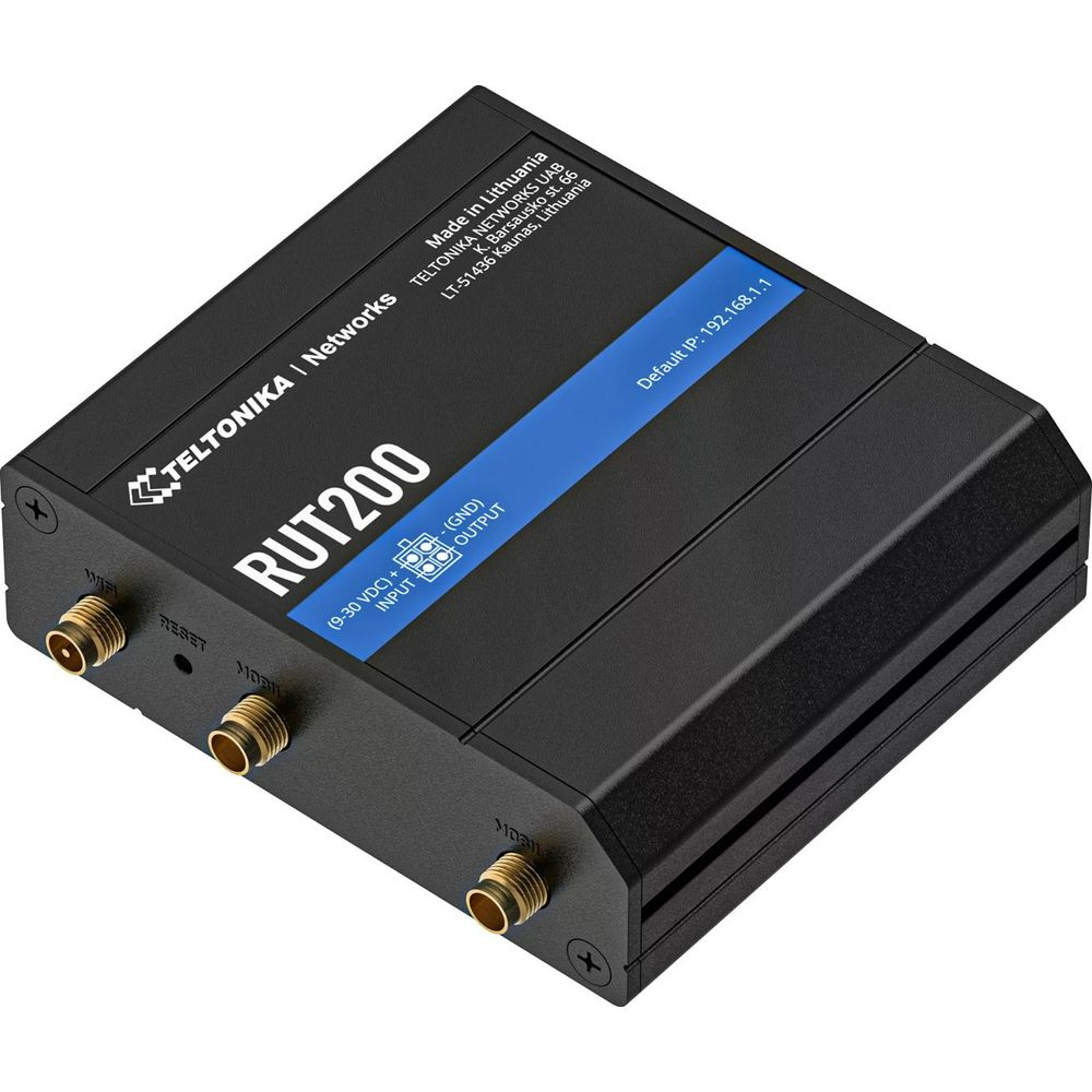Ein schwarzer Teltonika RUT200 Router mit Anschlüssen und Beschriftungen.