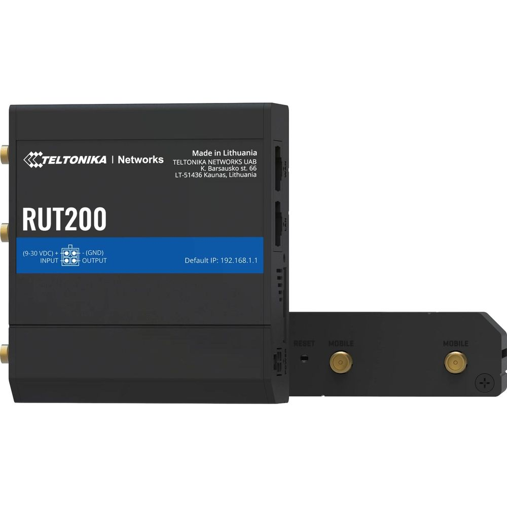 Schwarzer Teltonika RUT200 Router mit Anschlüssen und IP-Adresse.