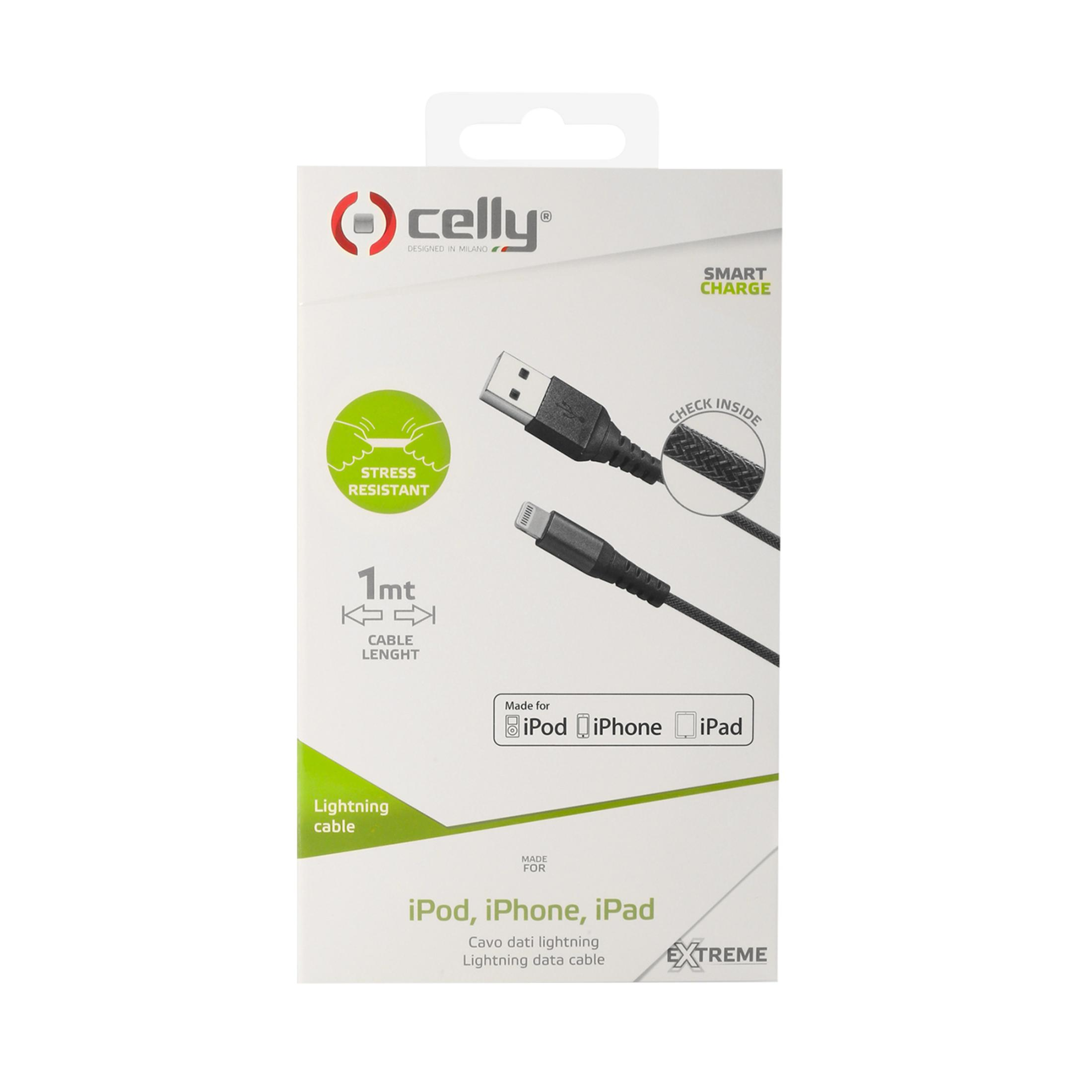 Embalaje de un cable Celly Lightning con conectores USB y Lightning.