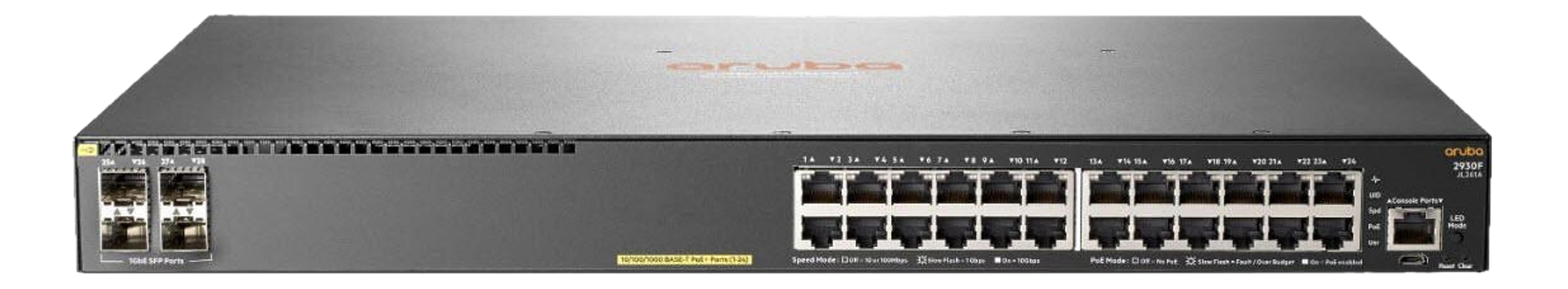 Przełącznik sieciowy Aruba 2930F z 24 portami RJ45 i 2 portami SFP+.