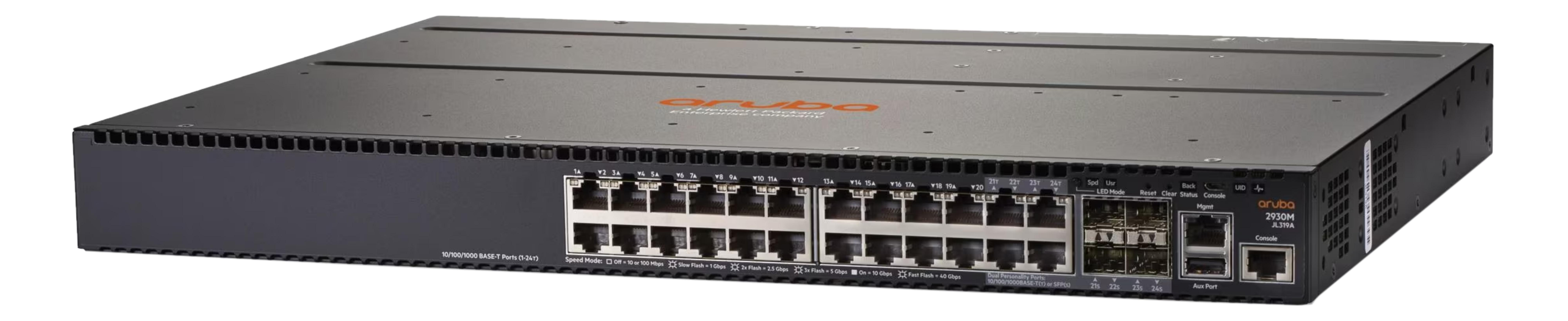 Szary przełącznik sieciowy z wieloma portami Ethernet i logo Aruba.