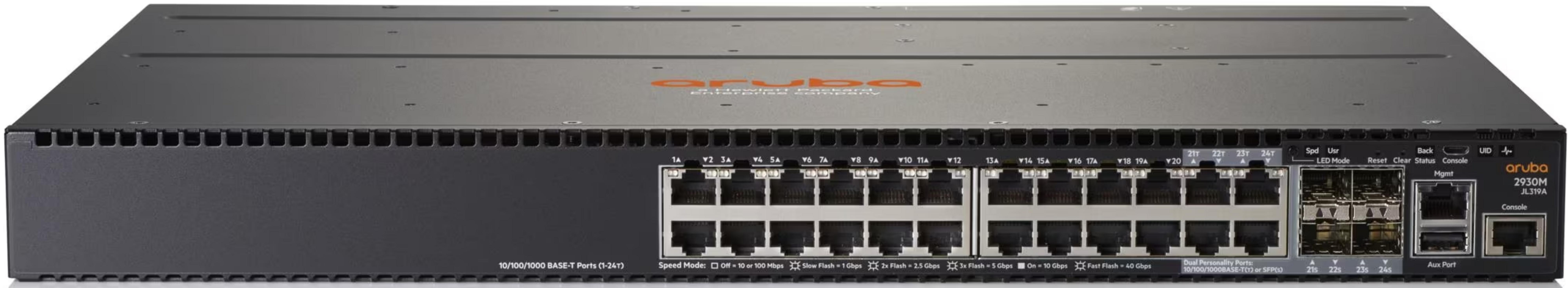 Szary przełącznik sieciowy Aruba 2930M z 24 portami i złączami.