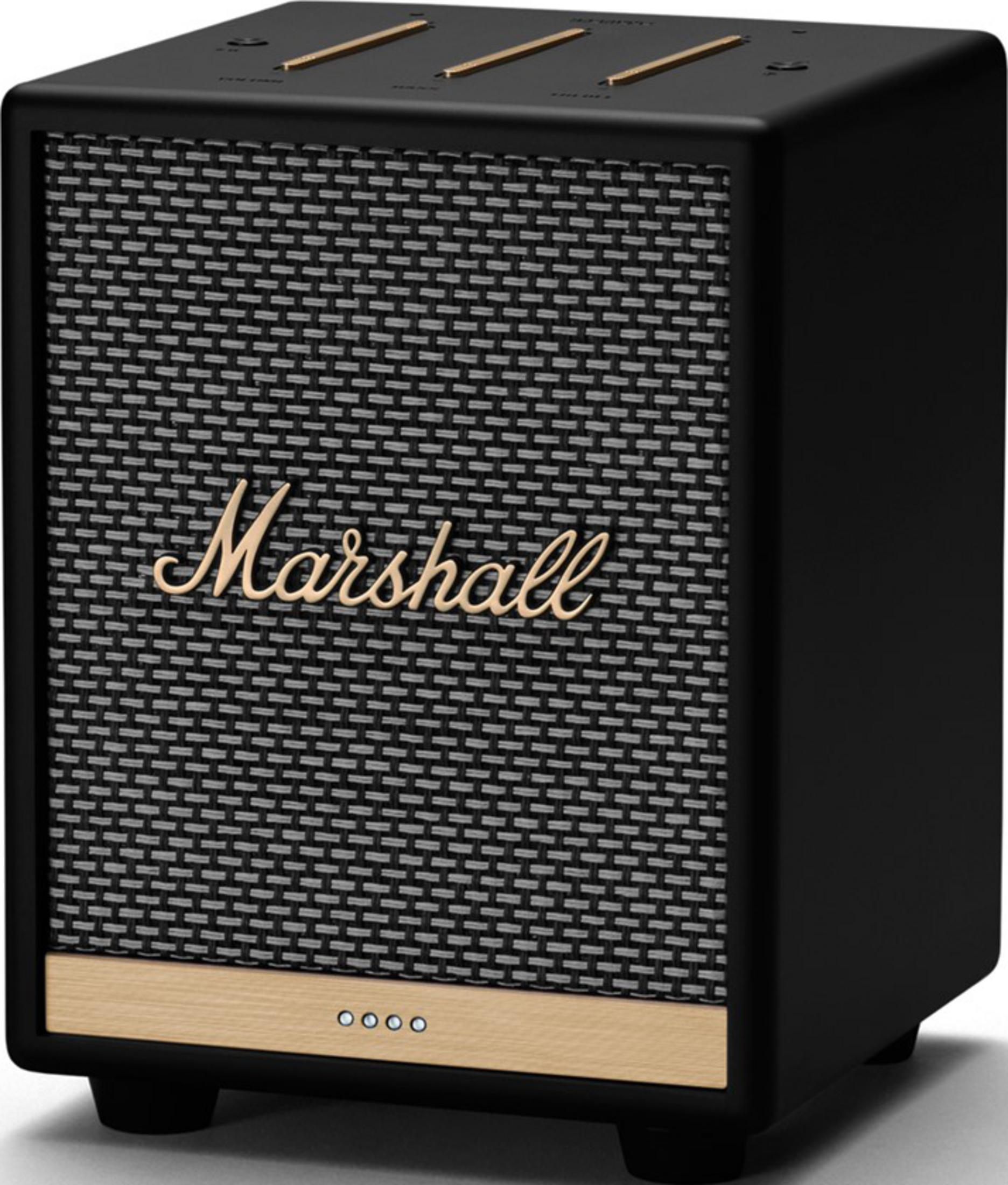 Un altavoz Marshall negro con ribete de madera y rejilla gris.