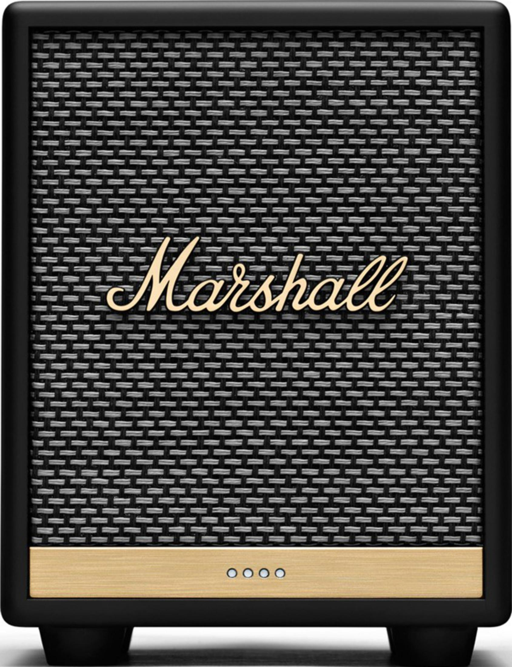 Un altavoz Marshall con rejilla negra y letras doradas.