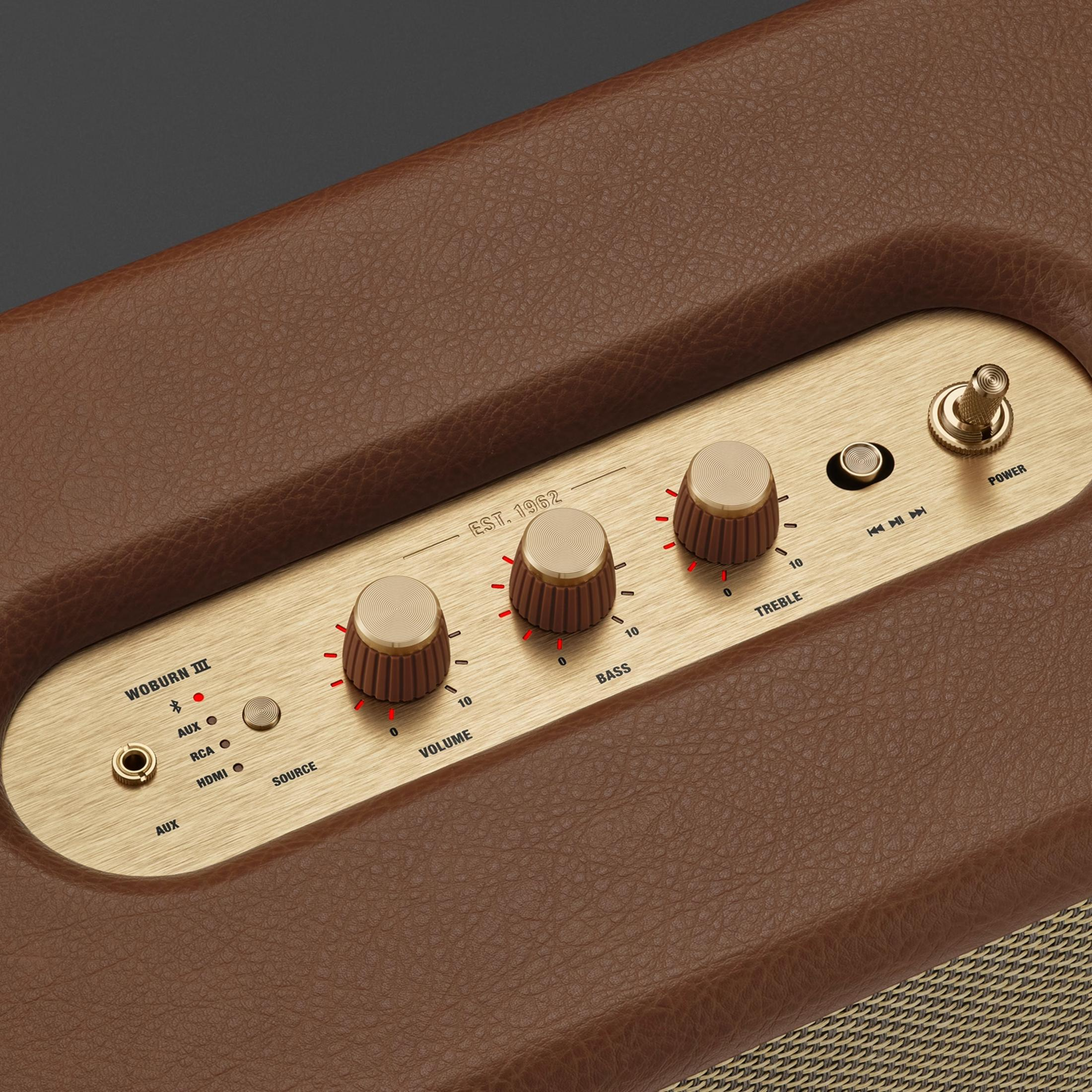 Braunleder-Lautsprecher mit goldenen Reglern und Beschriftungen wie 'Volume', 'Bass'.