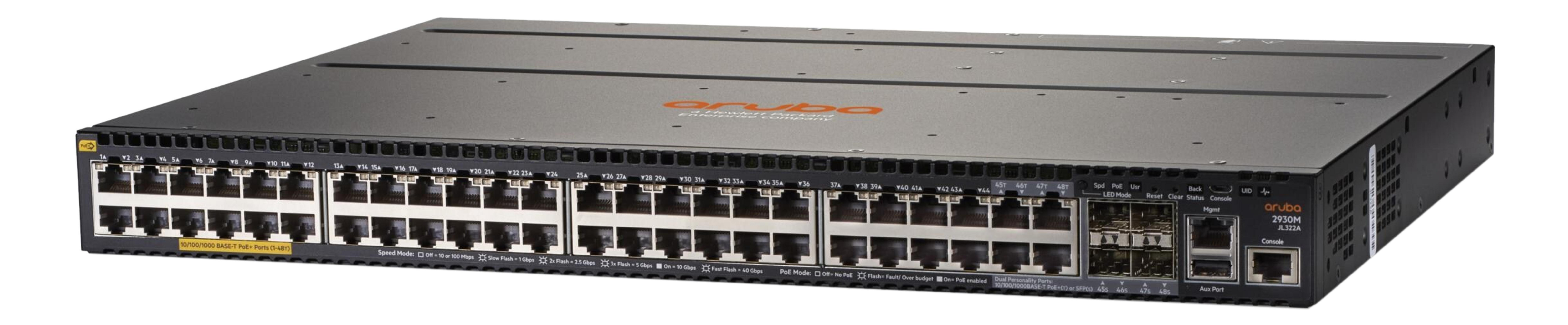 Szary przełącznik sieciowy Aruba 2930M z licznymi portami.