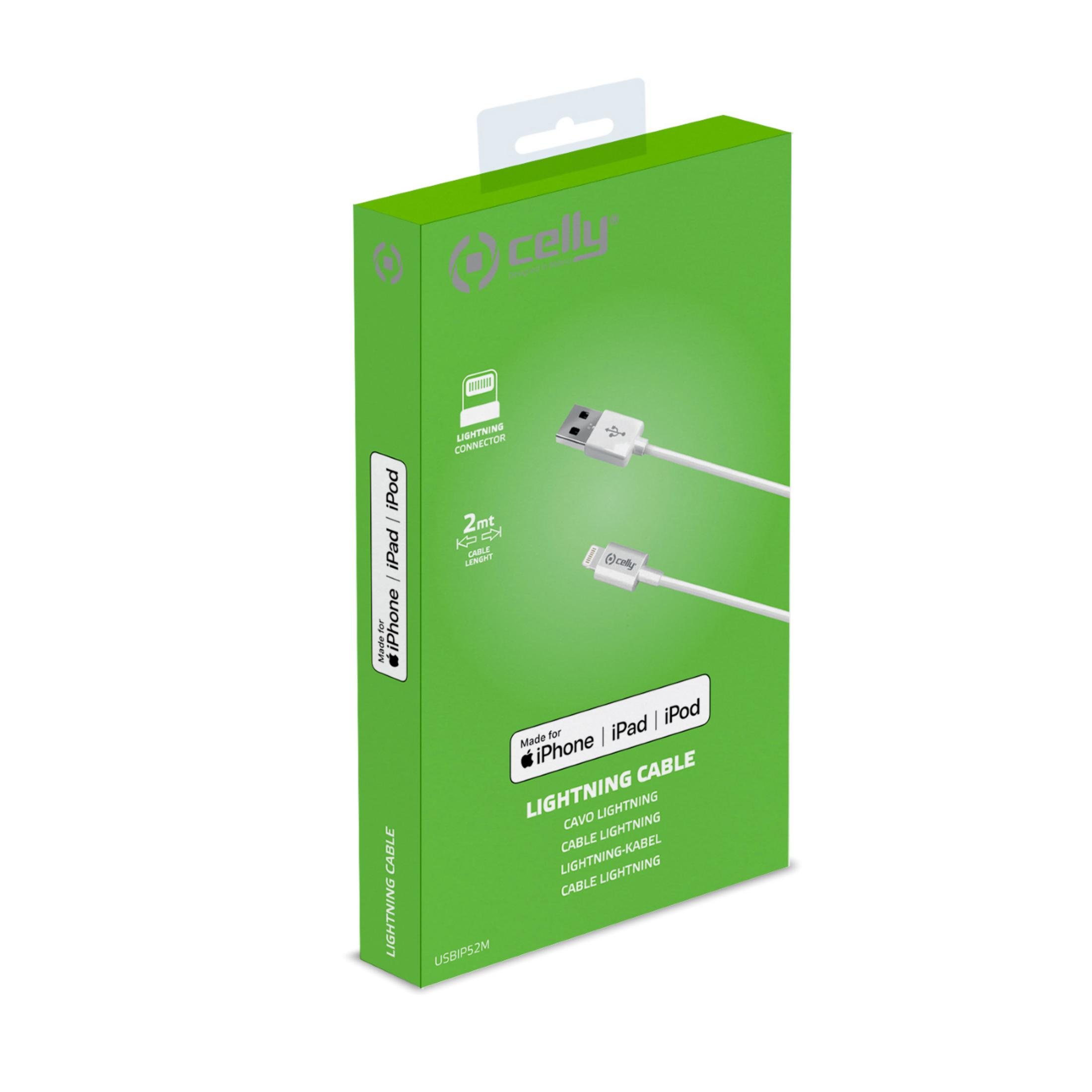 Embalaje verde para un cable Celly Lightning con conector USB-A.