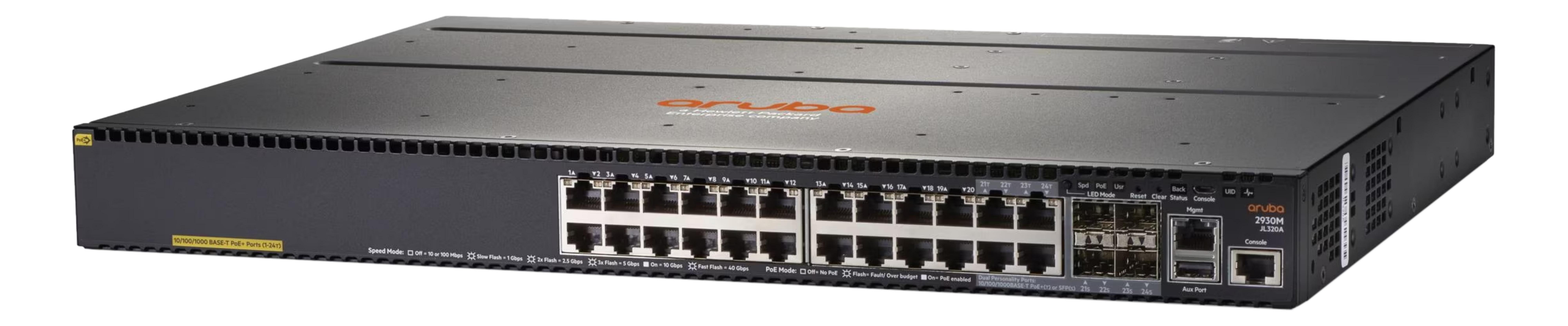 Czarny przełącznik sieciowy Aruba 2930M z wieloma portami i diodami LED.