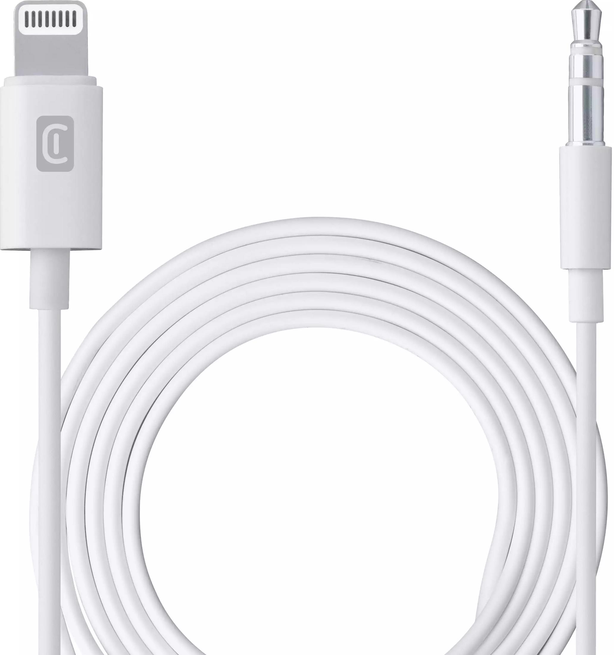 Un cable blanco con conector Lightning y conector de 3,5 mm.