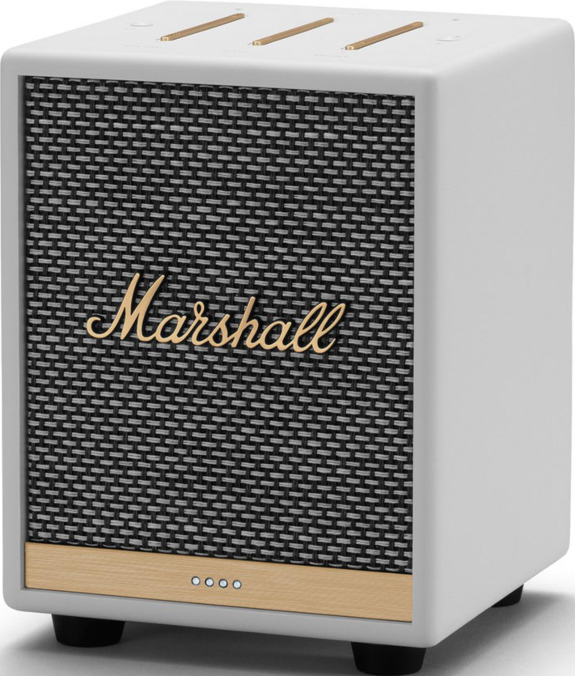 Un altavoz Marshall blanco con rejilla negra y ribete de madera.
