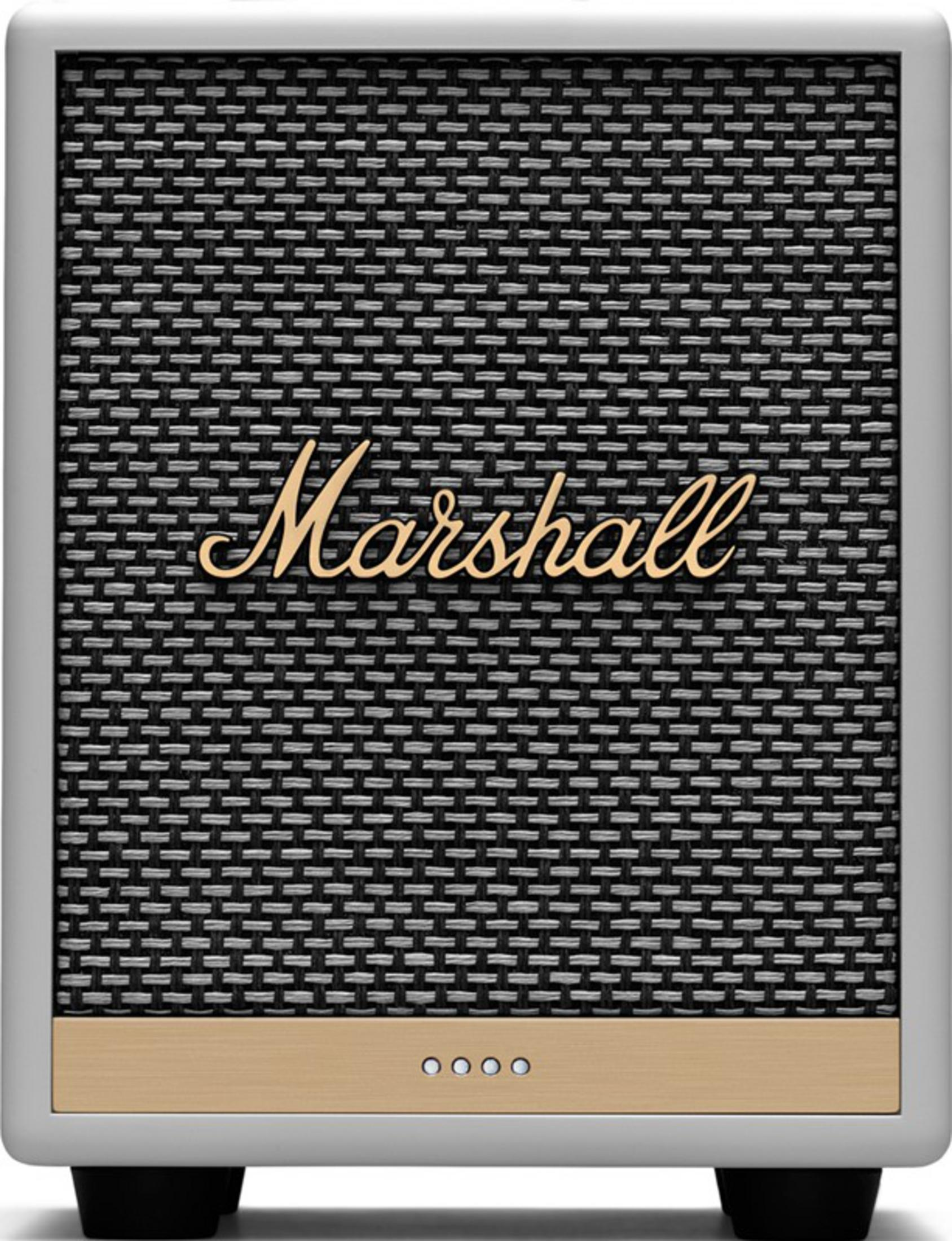 Un altavoz Marshall con rejilla de metal y logo dorado.
