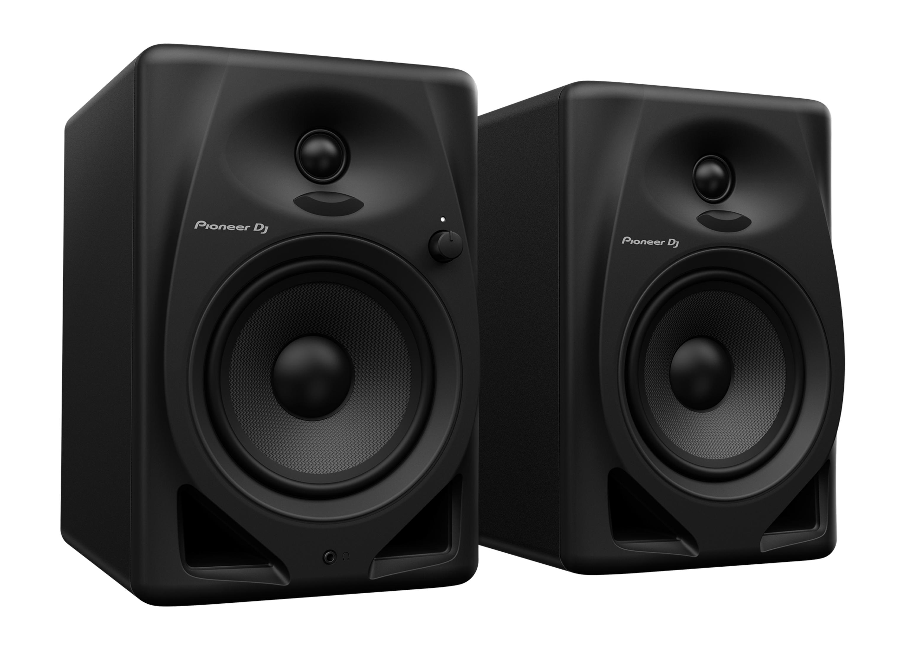 Two black Pioneer DJ studio monitors with silver cones and black tweeters.