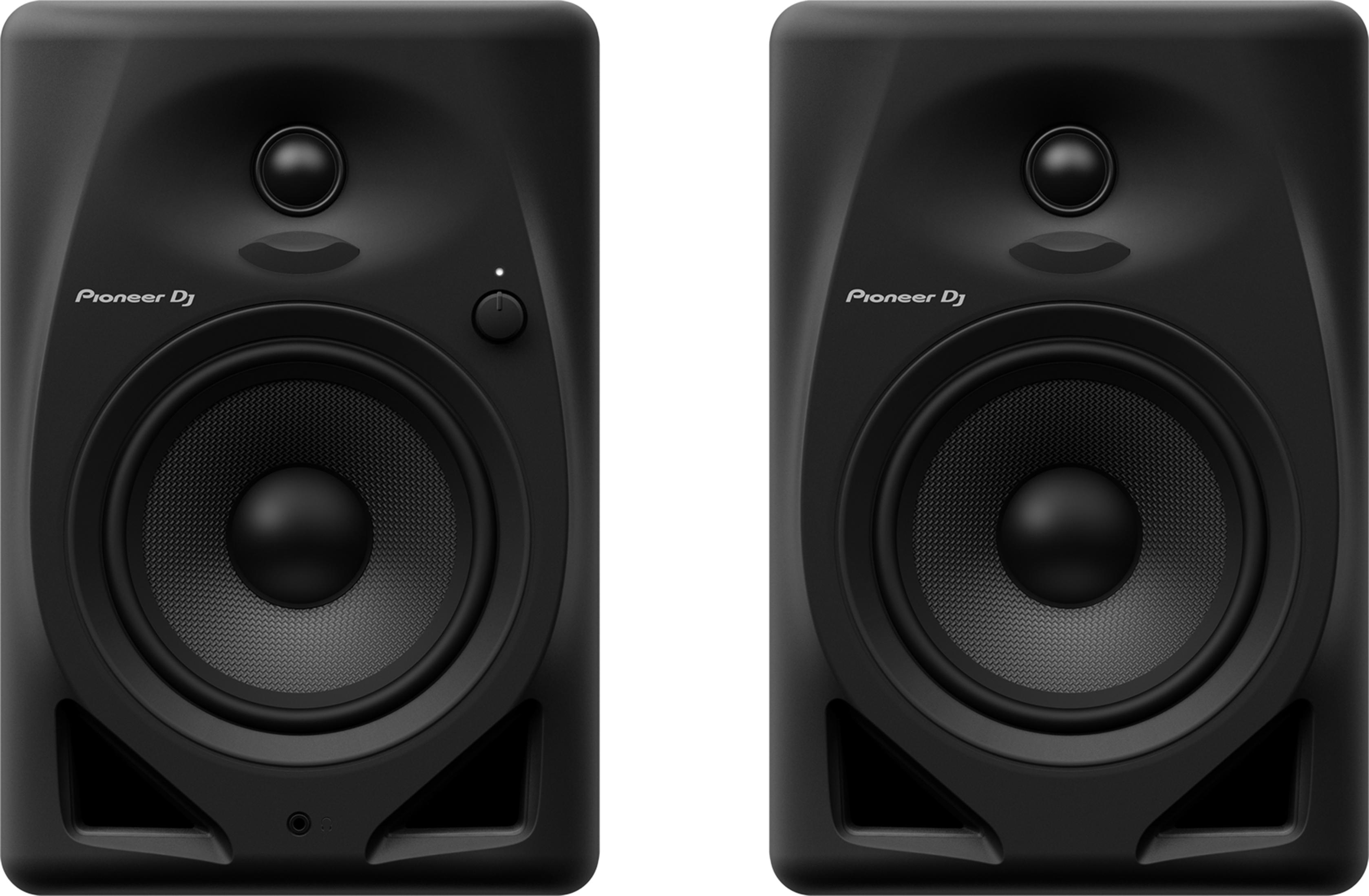 Two black Pioneer DJ speakers side by side on a white background.