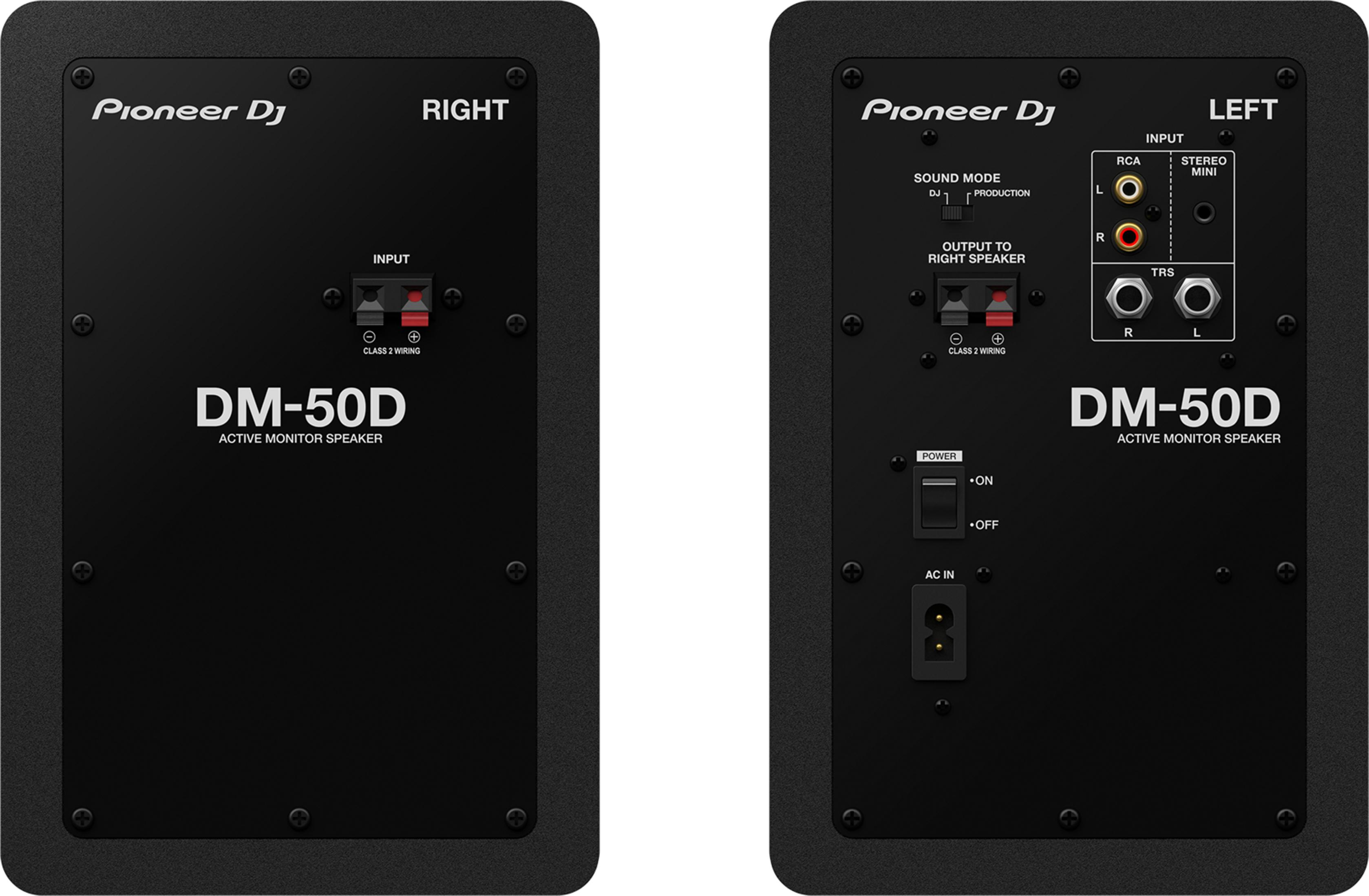 Back view of two Pioneer DM-50D speakers showing connections.