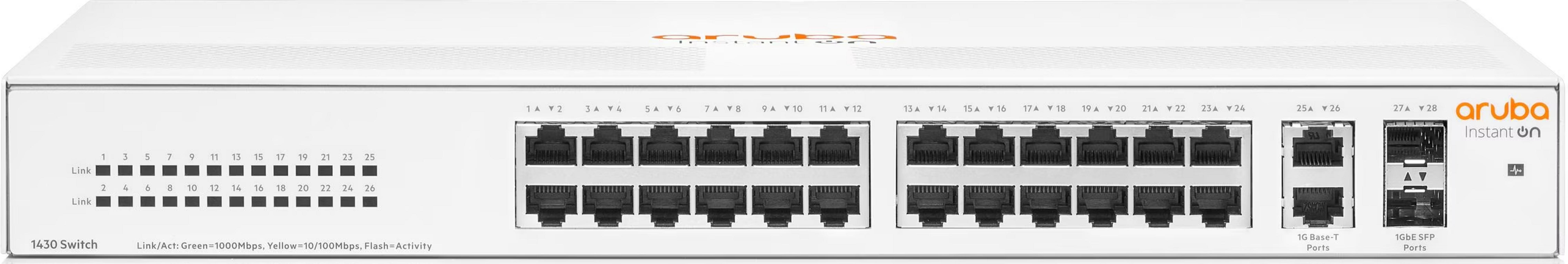 Un switch Aruba 1430 blanc avec 28 ports Ethernet et 2 ports SFP.