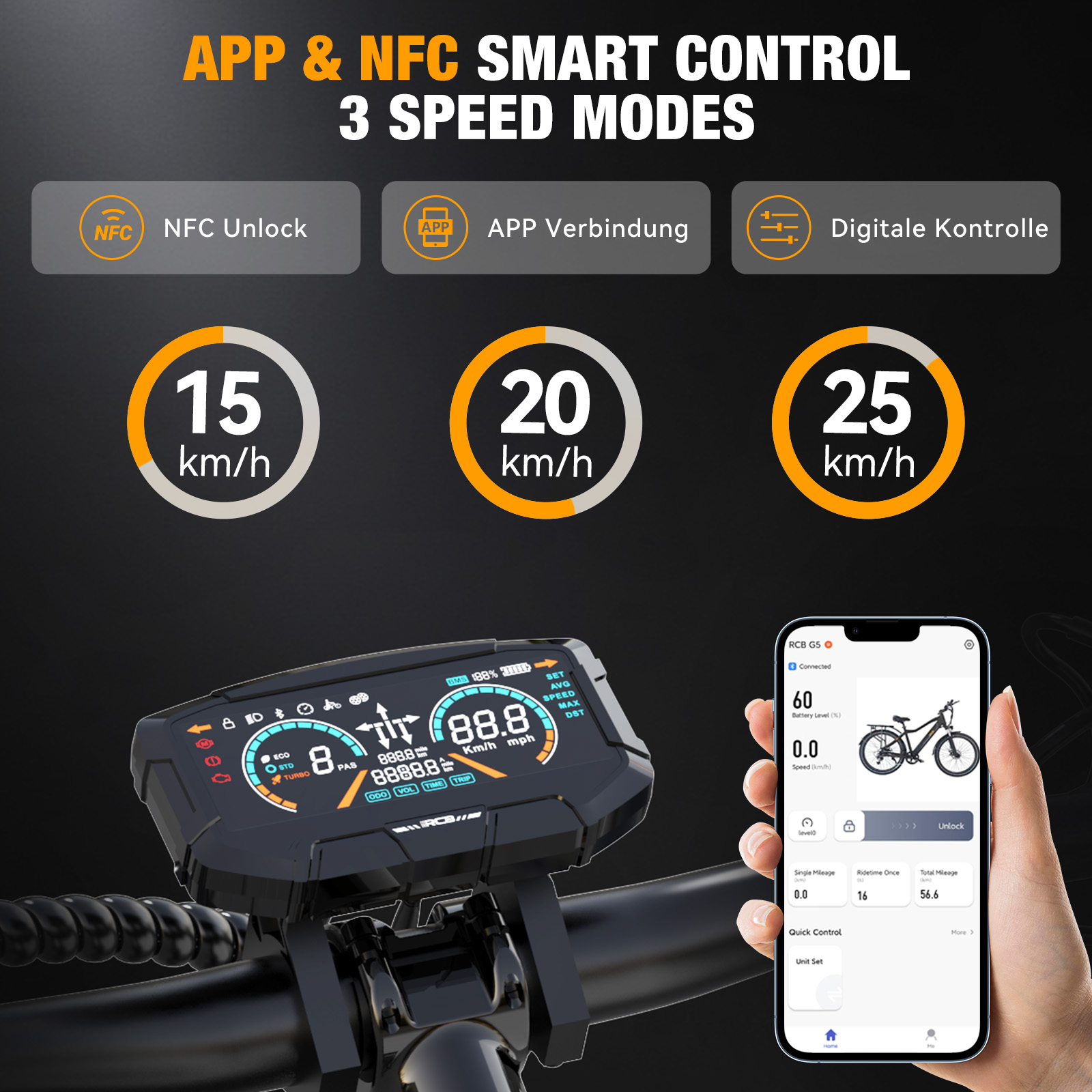 Pantalla de e-bike con 3 modos de velocidad, control de app y NFC.