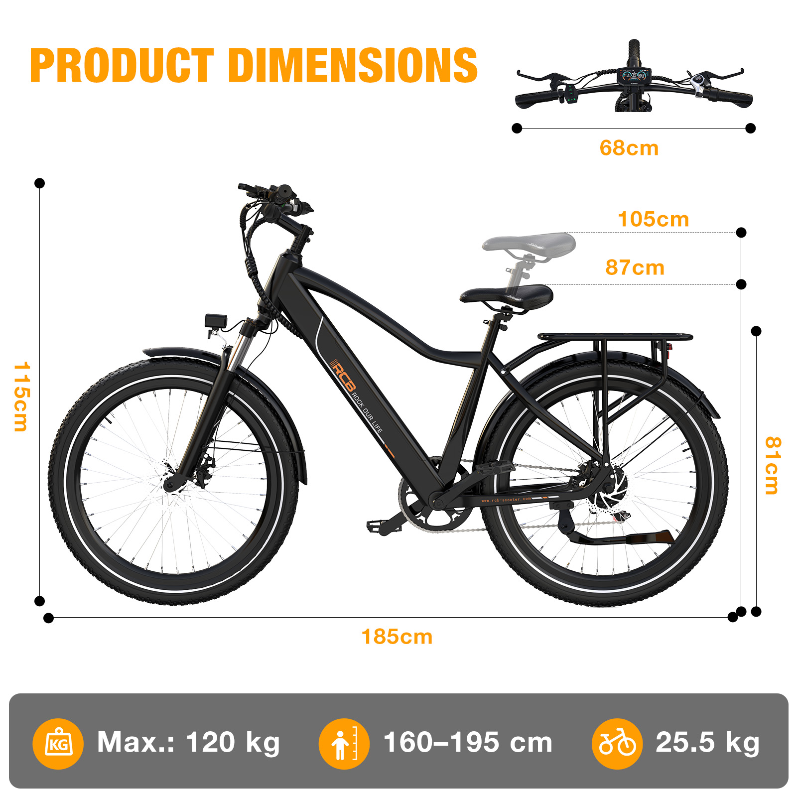 Black e-bike with dimensions: handlebar 68cm, seat height 105/87cm, length 185cm.