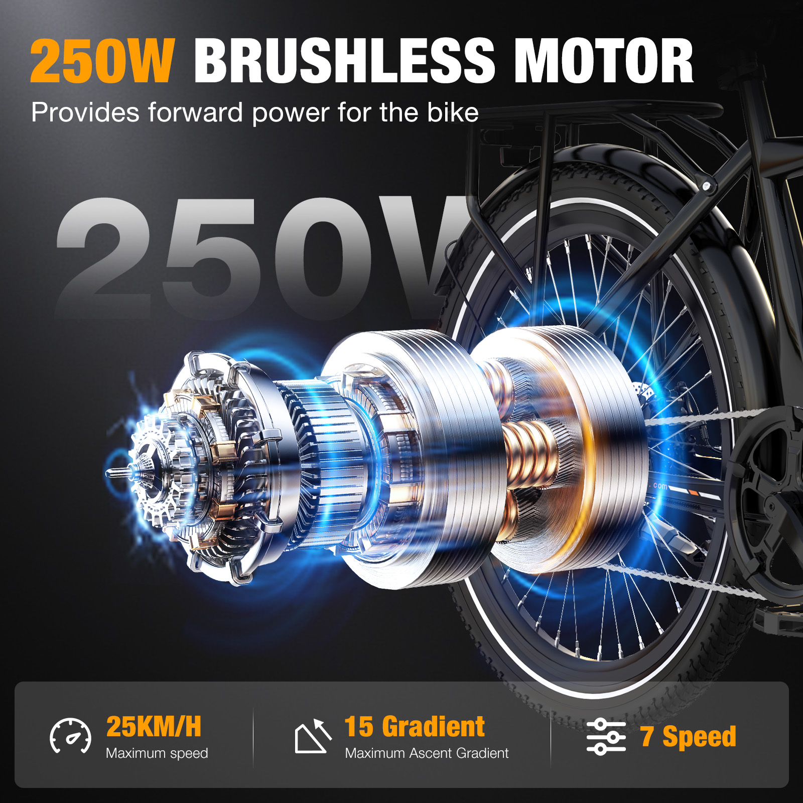 Motor sin escobillas de 250W, 25KM/H max, 15 grados de inclinación, 7 velocidades.