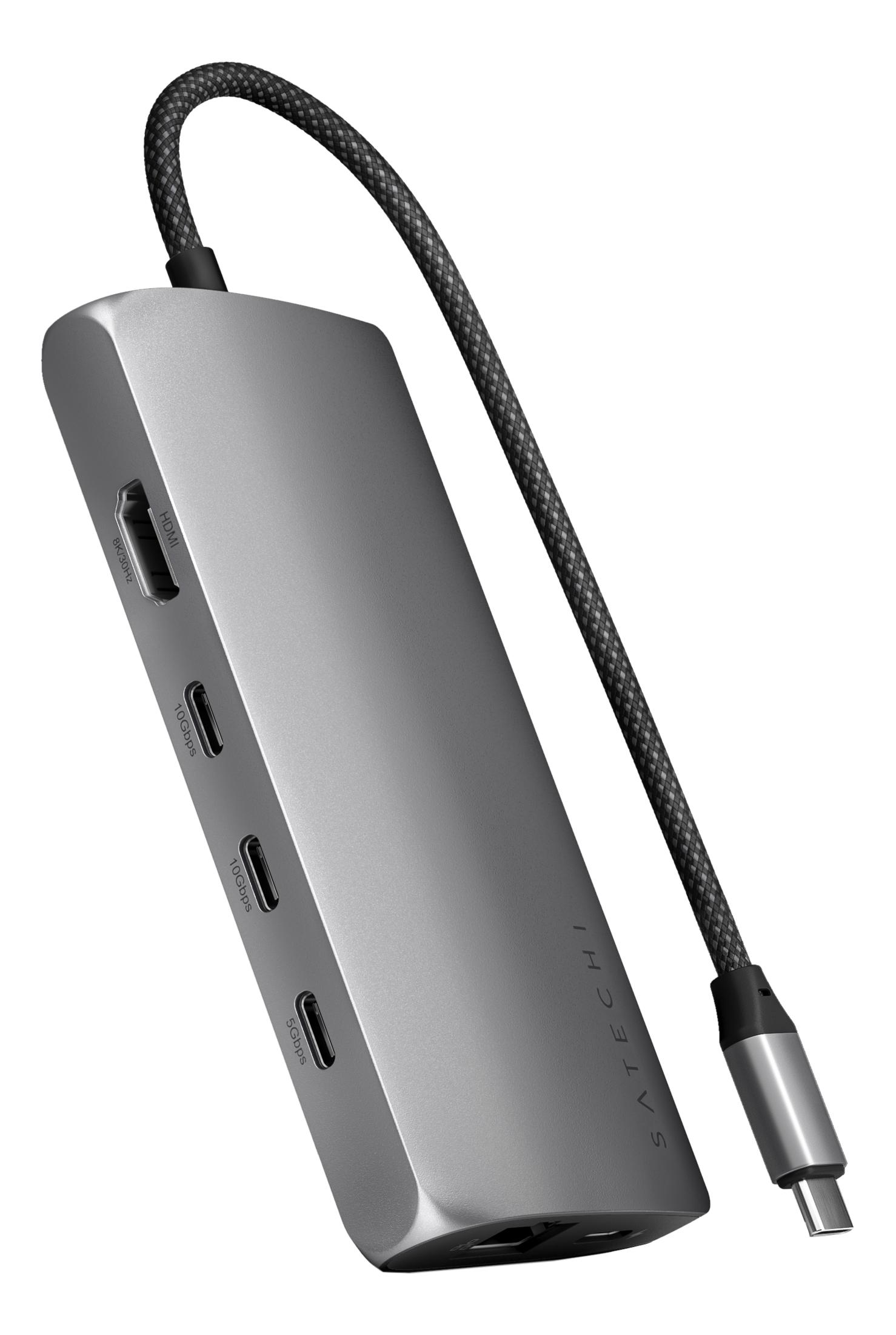 Silberner USB-C-Hub mit HDMI, 10Gbps und 5Gbps Anschlüssen.