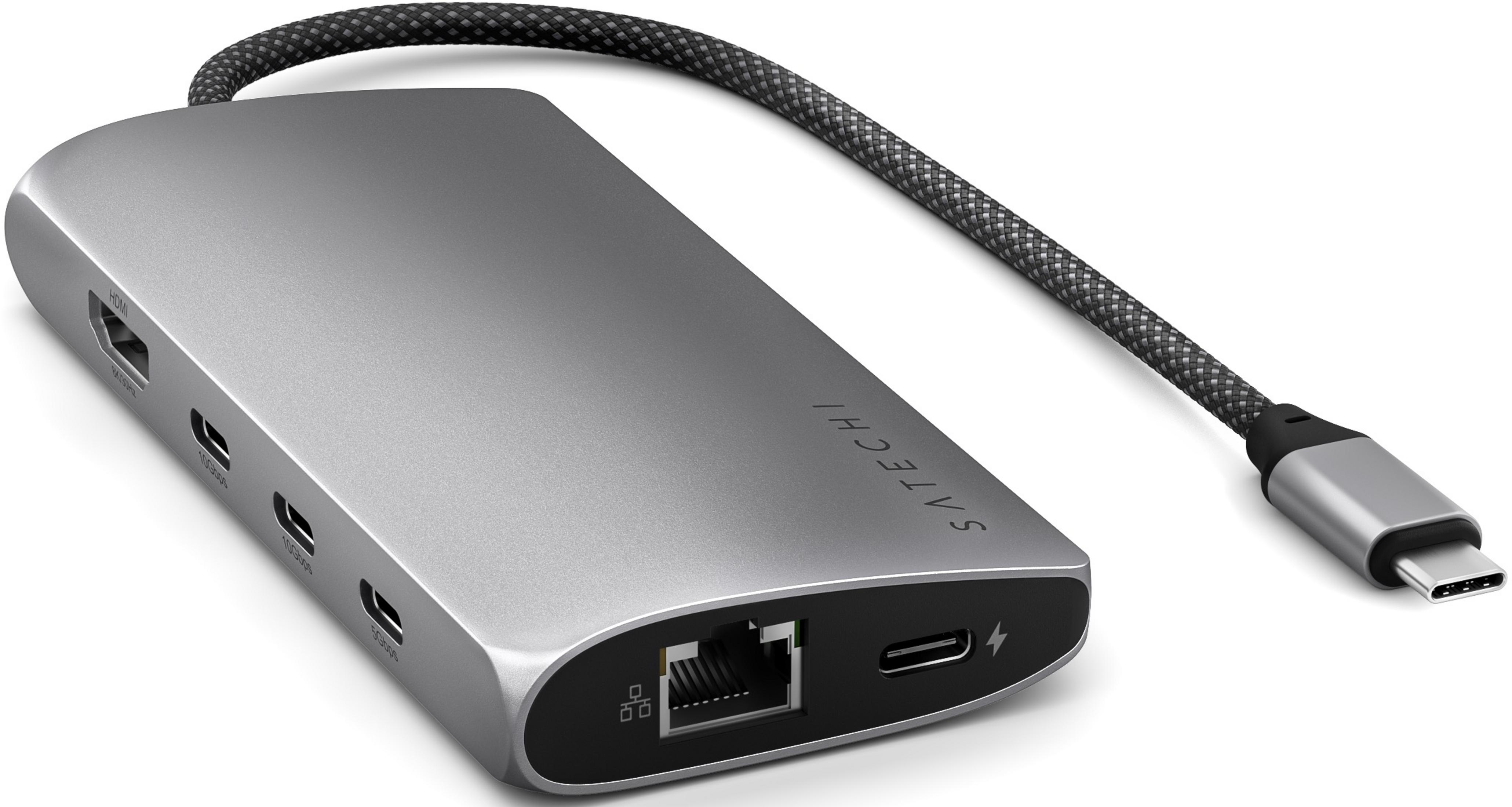 Grauer USB-C-Hub mit HDMI, Ethernet und mehreren USB-Anschlüssen.