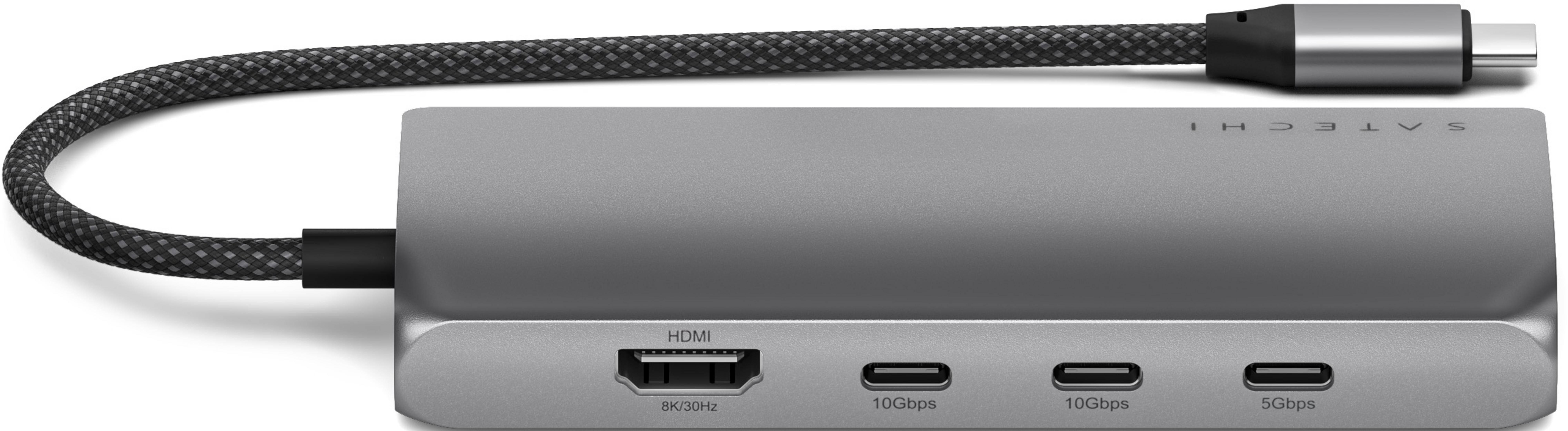 Grauer USB-C-Hub mit HDMI- und USB-C-Anschlüssen, beleuchtet.