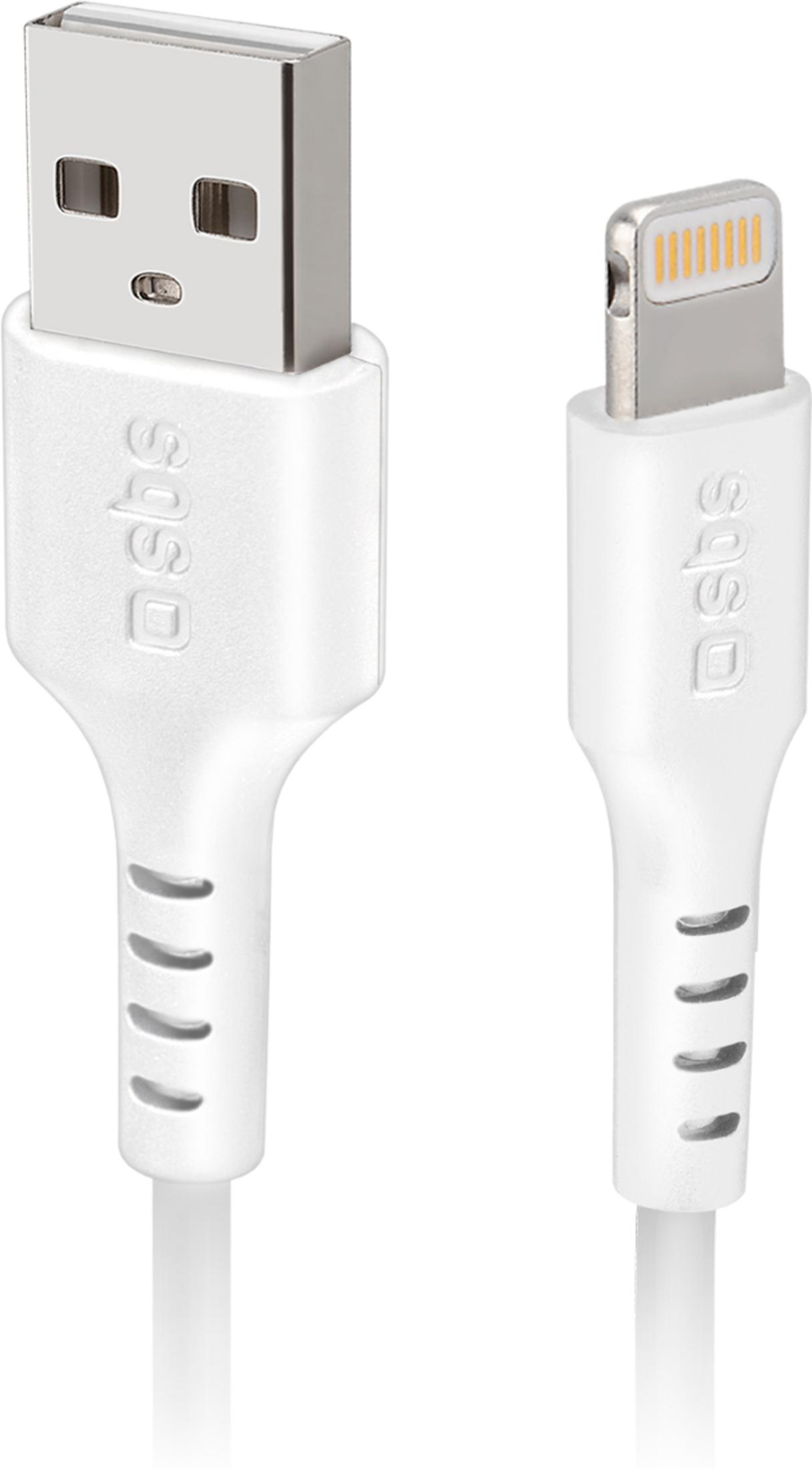 Dwa białe kable ładujące ze złączami USB-A i Lightning.