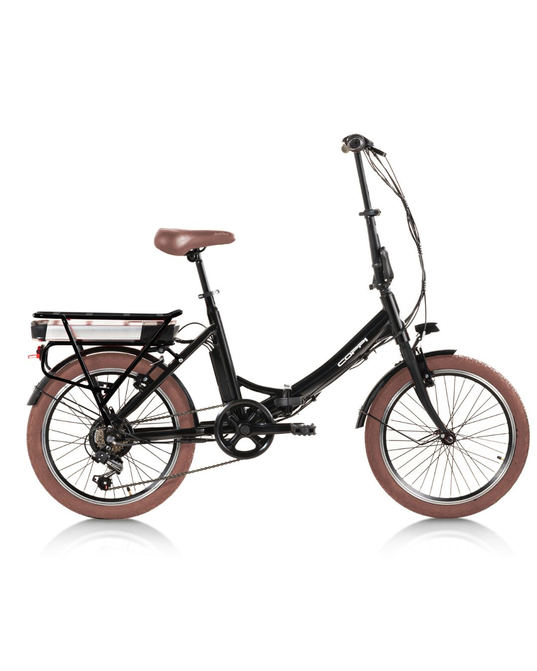 Bicicletta pieghevole nera con sella e pneumatici marroni.