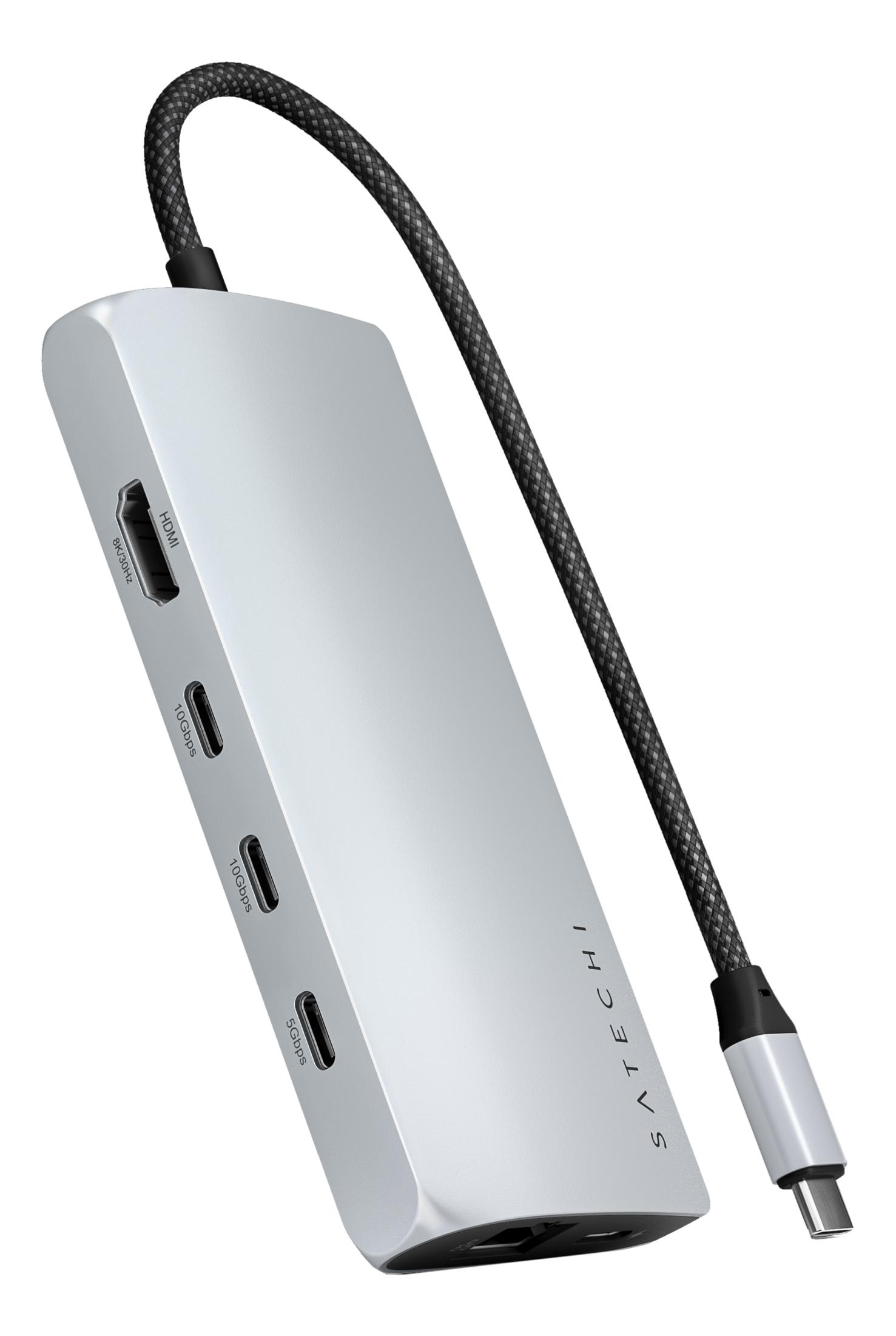 Hub USB-C argento con HDMI, 3 porte USB-C e logo Satechi.