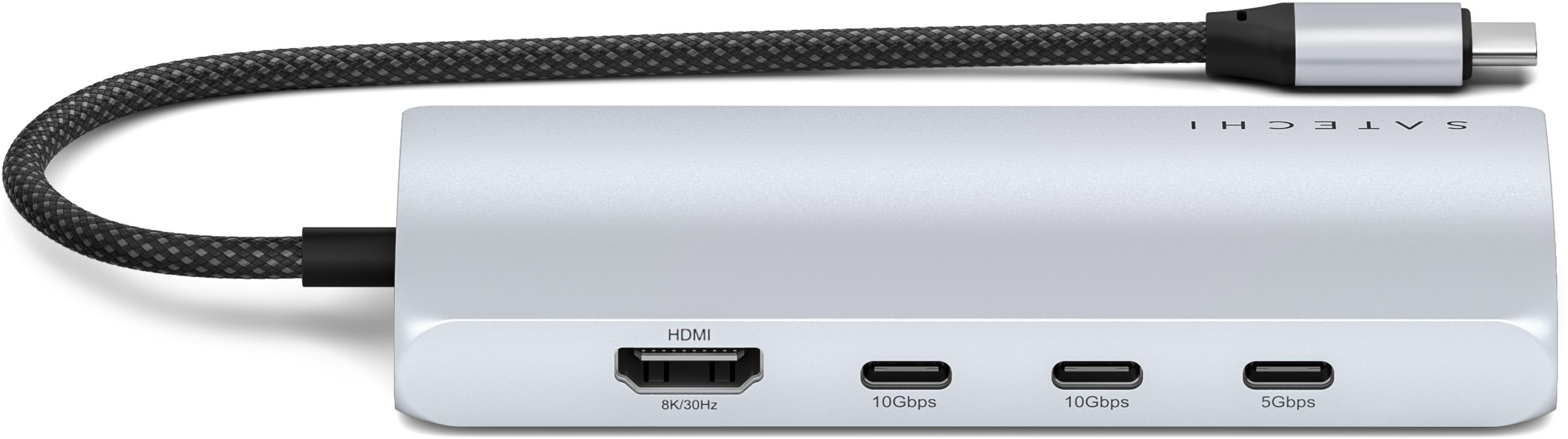 Hub USB-C argentato con HDMI, due porte 10 Gbps e una porta 5 Gbps.