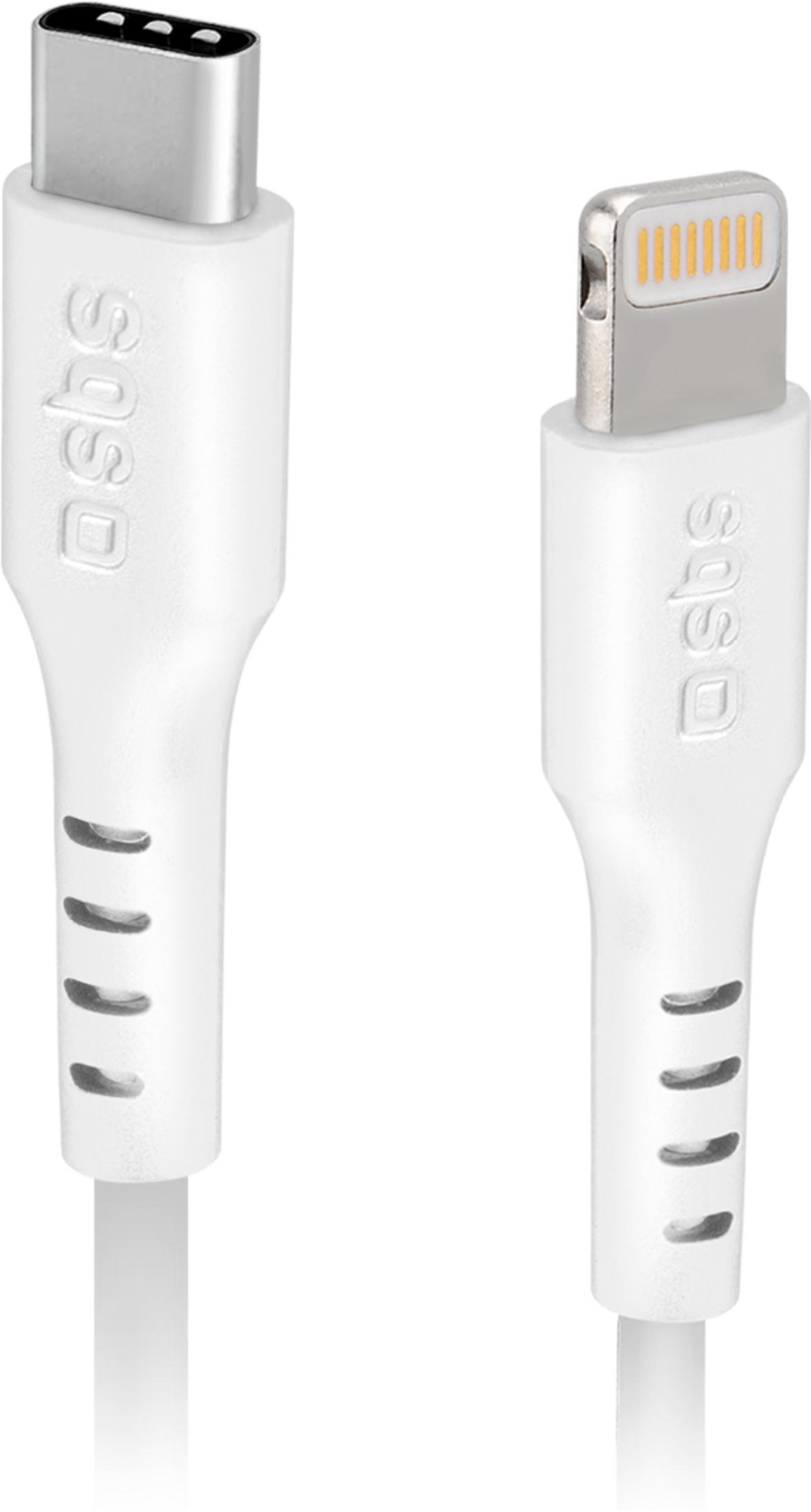 Un cavo USB-C bianco e un cavo Lightning bianco con connettori argentati.