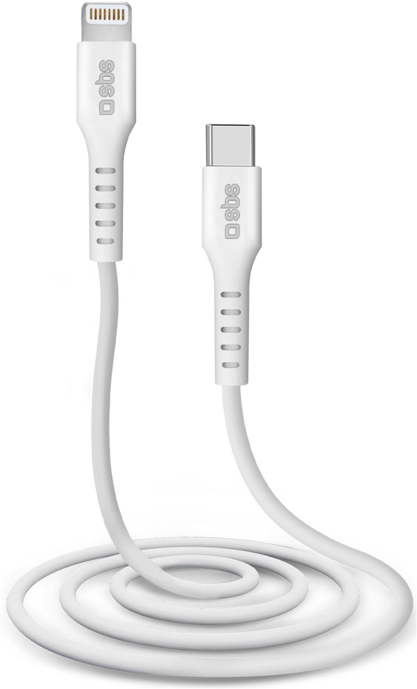 Due cavi di ricarica bianchi, uno Lightning e uno USB-C, arrotolati.